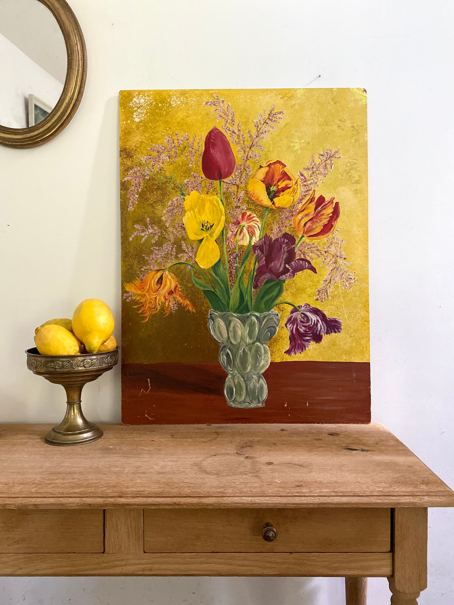Bouquet de tulipes au fond doré — Huile sur panneau, 1977