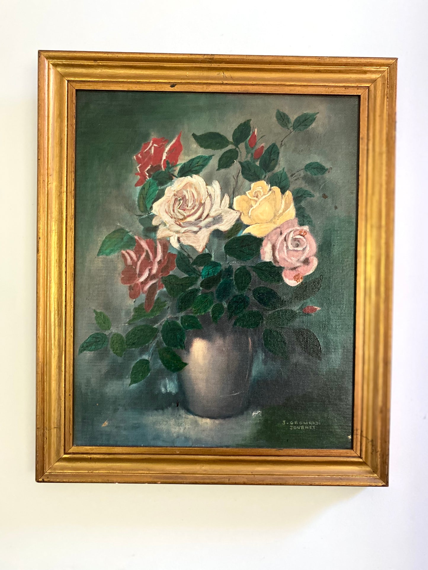 Tableau Ancien "Nature Morte aux Roses" – 1950
