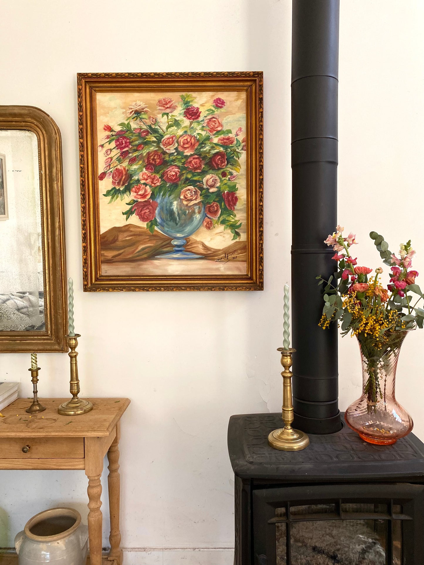 Grande Huile sur Toile "Bouquet de Roses" - Datée 1968 - Cadre Doré