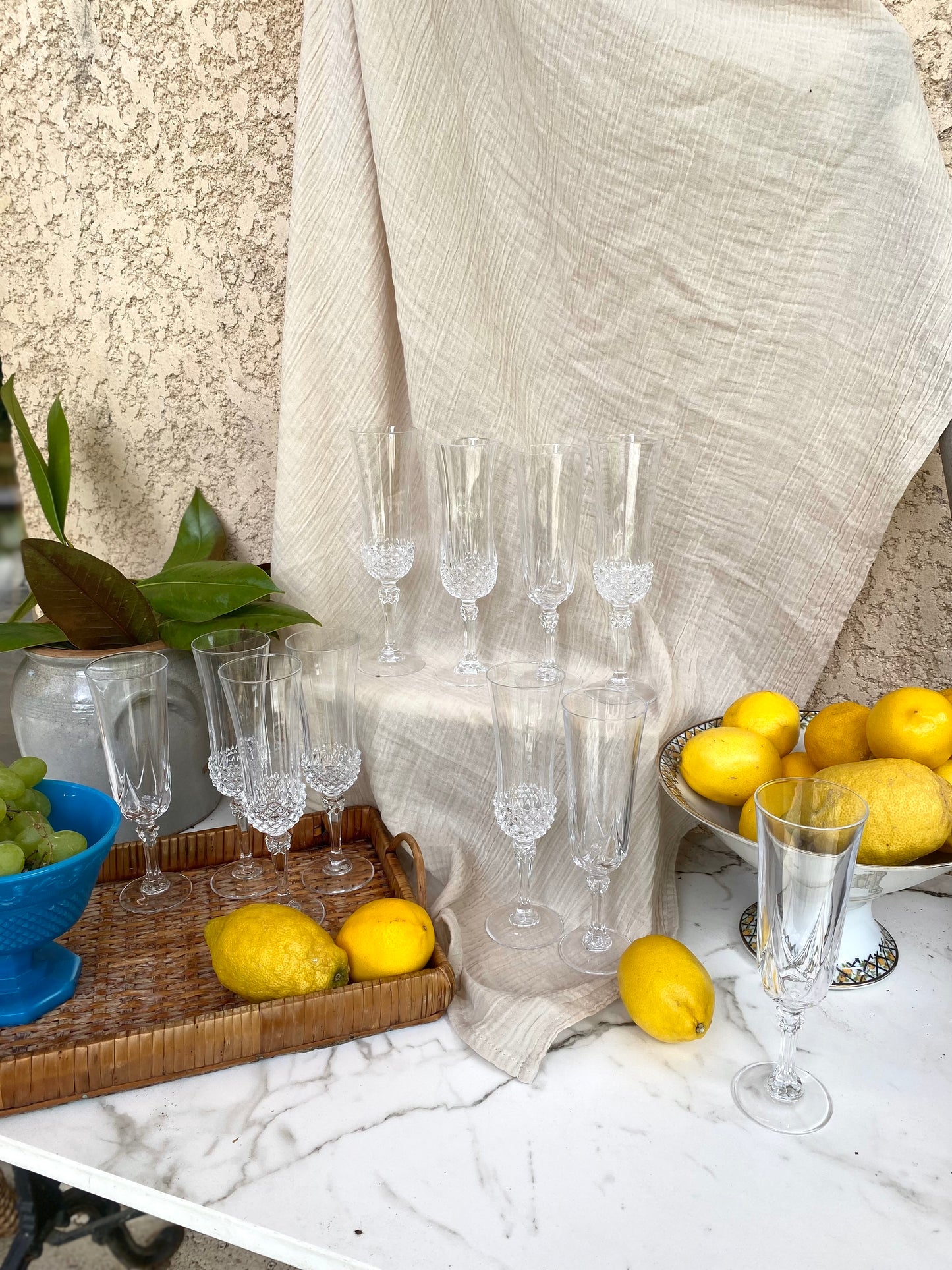 10 flûtes à champagne en cristal, pointes de diamant