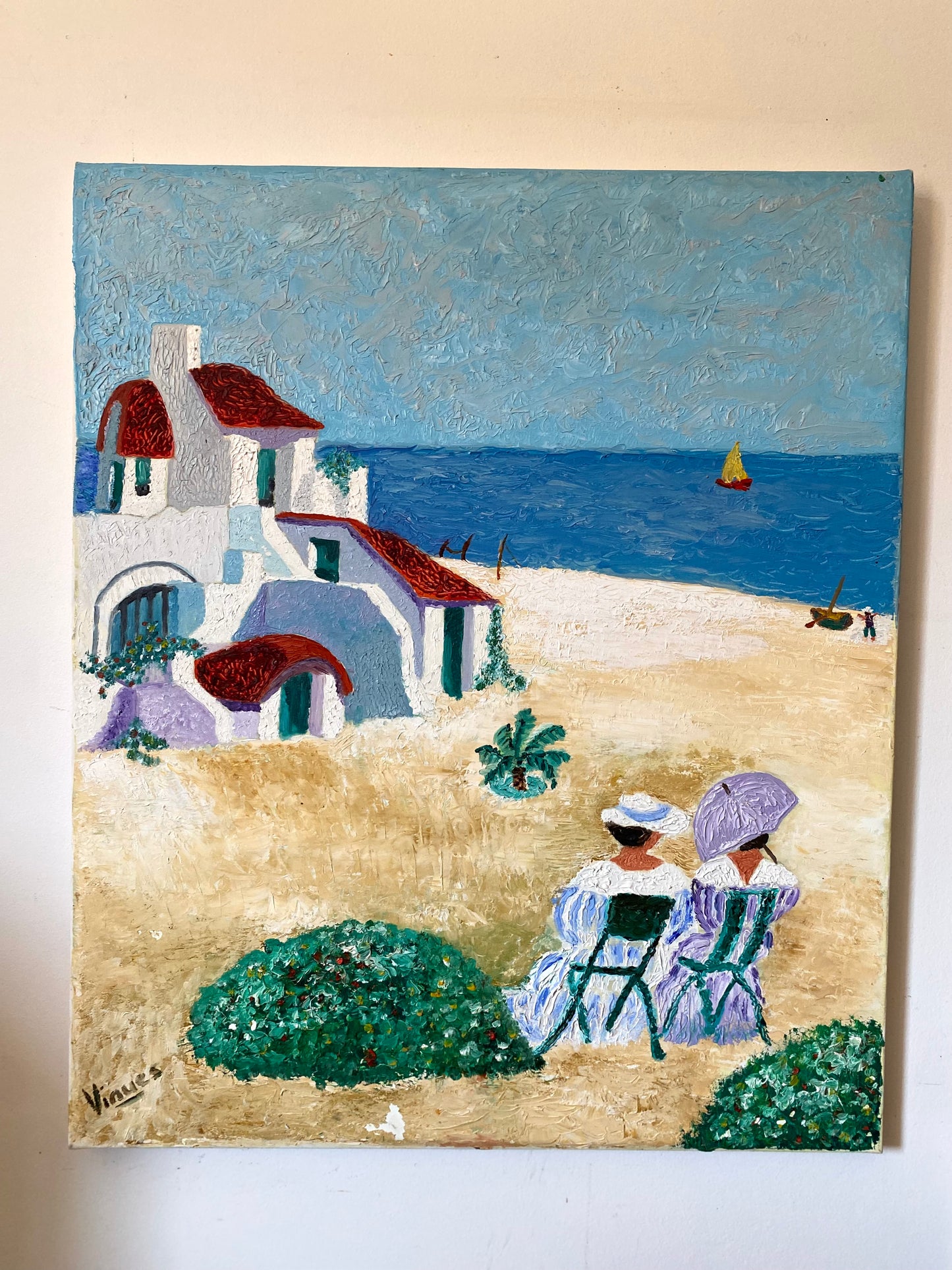 Tableau huile au couteau — Scène de bord de mer méditerranéen