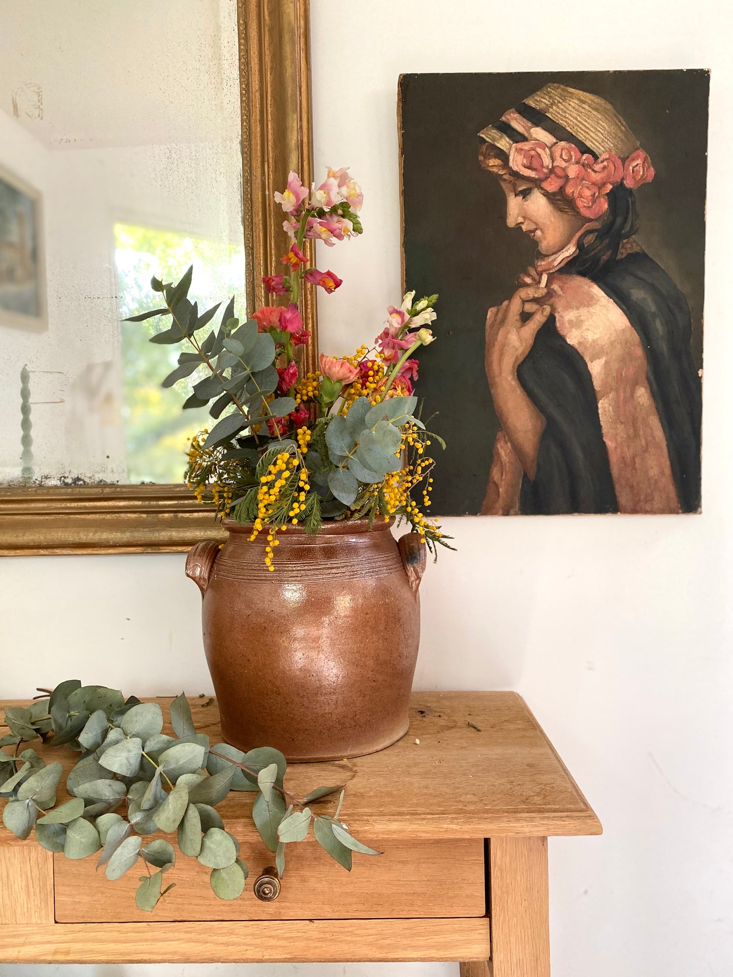 Portrait de jeune femme à la rose – Huile sur toile XIXe/XXe