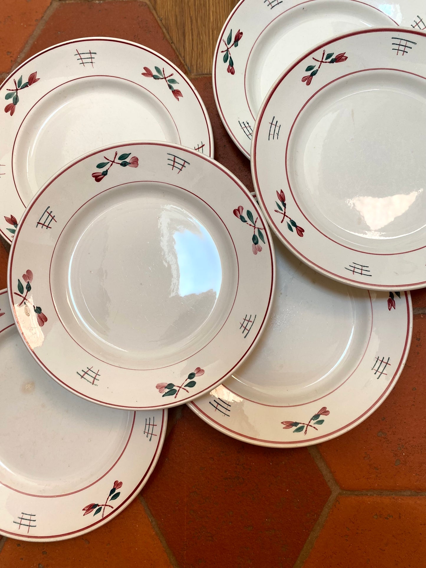 6 Assiettes rose et verte en faïence de St Amand