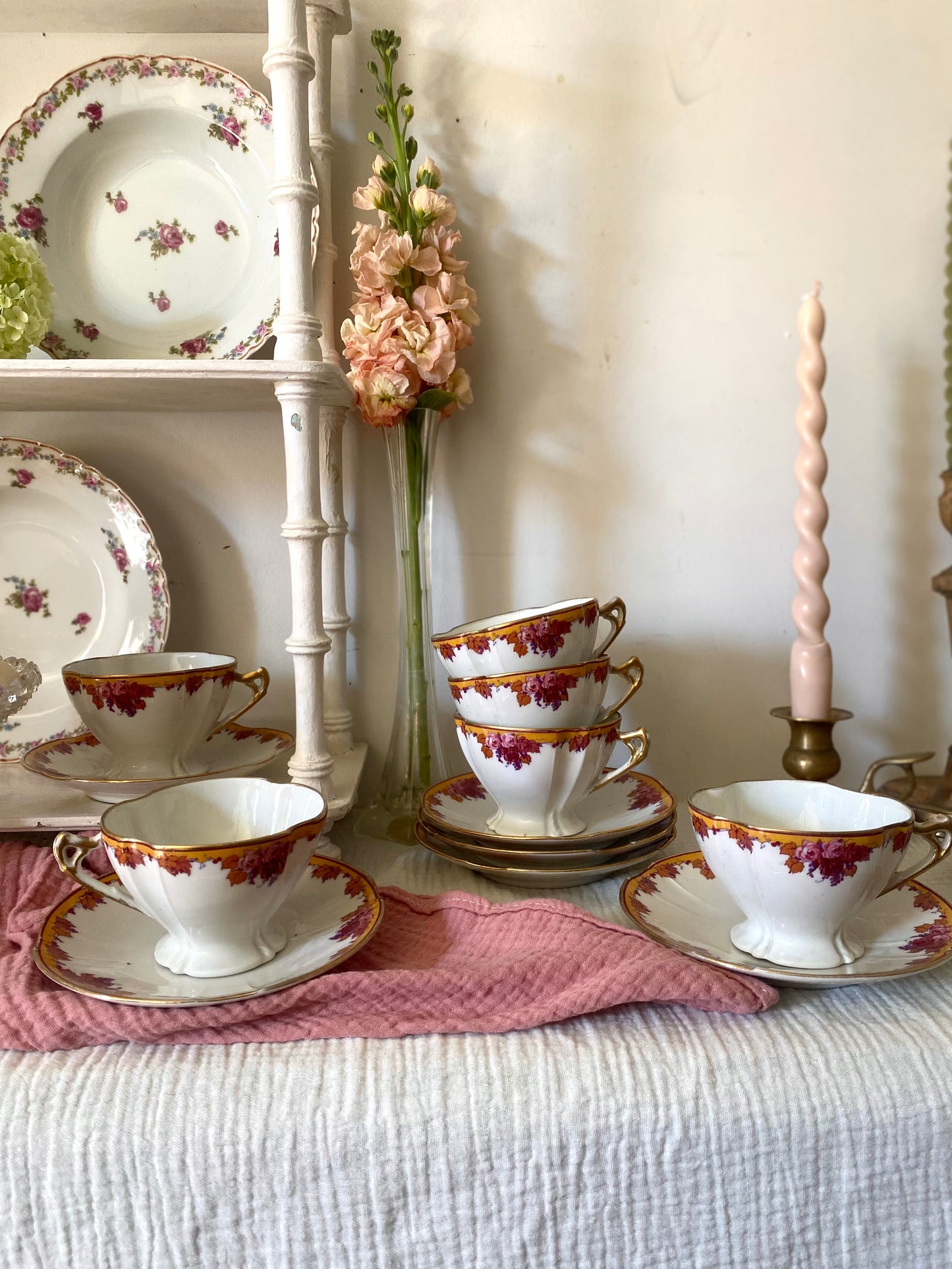 Élégant Service de 6 Tasses à Thé Limoges, Belle Époque