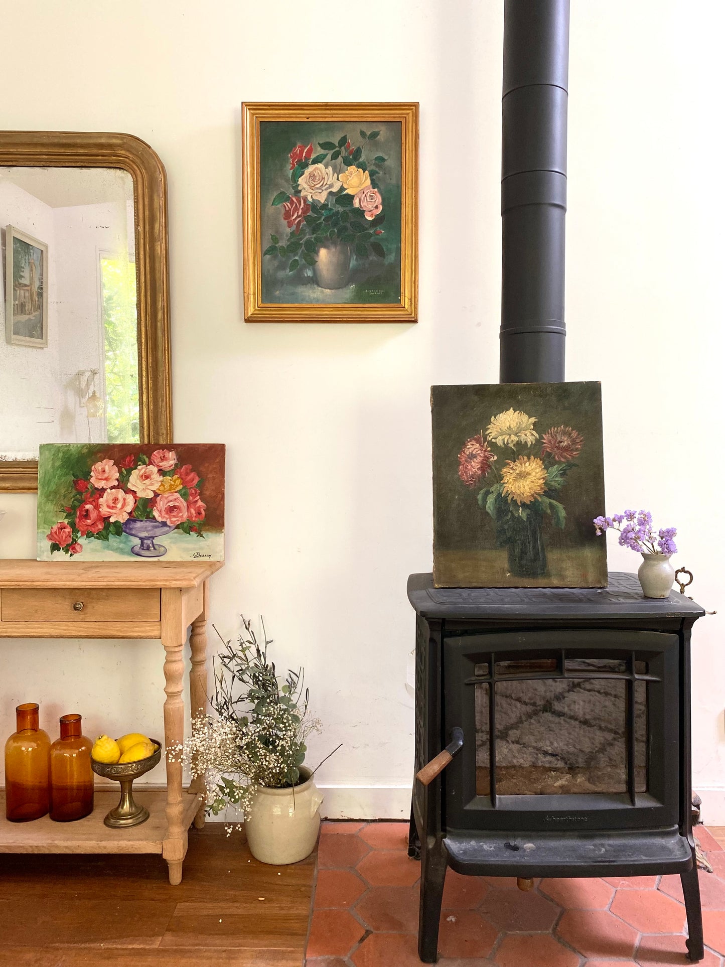 Tableau Ancien "Nature Morte aux Roses" – 1950