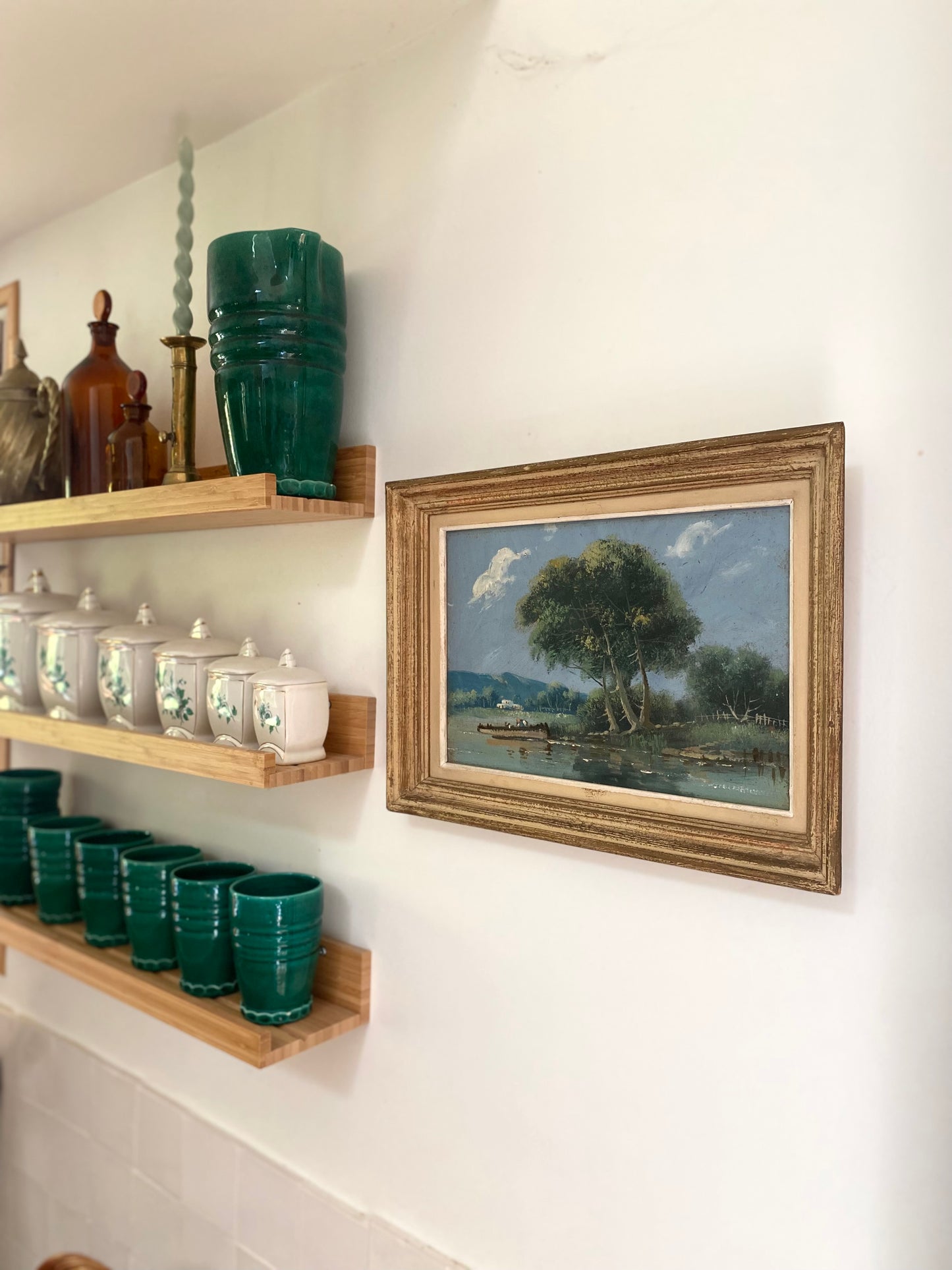 Tableau ancien : Paysage au bord de l'eau - Huile sur panneau