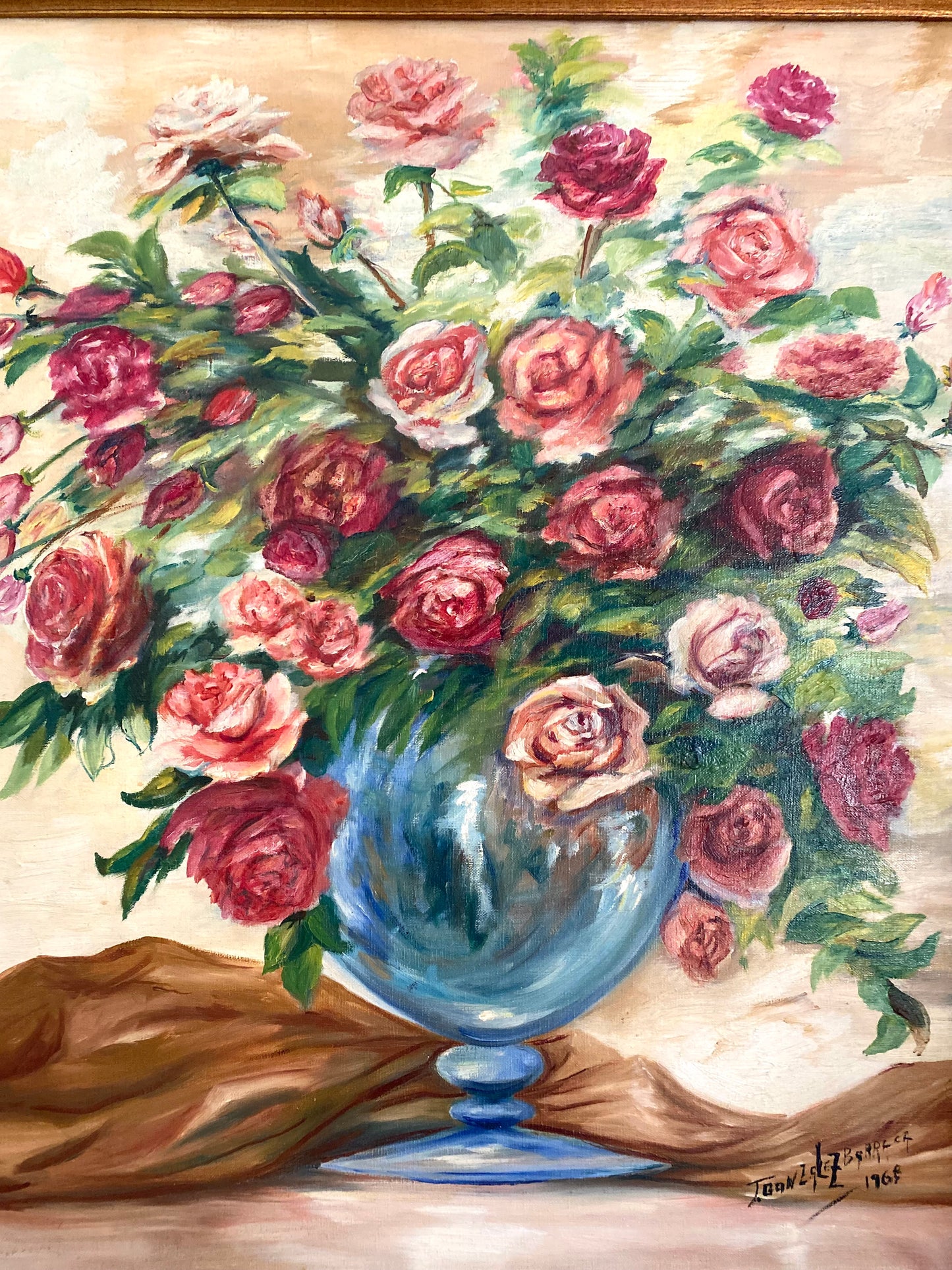 Grande Huile sur Toile "Bouquet de Roses" - Datée 1968 - Cadre Doré