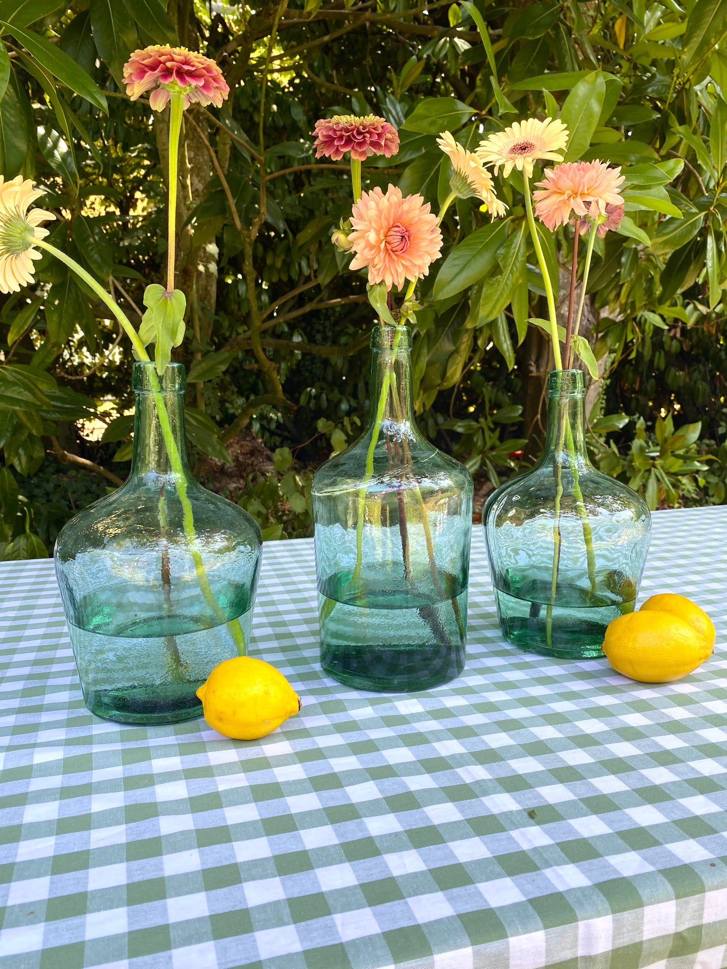 Trio de dames-jeannes en verre soufflé vert-bleu