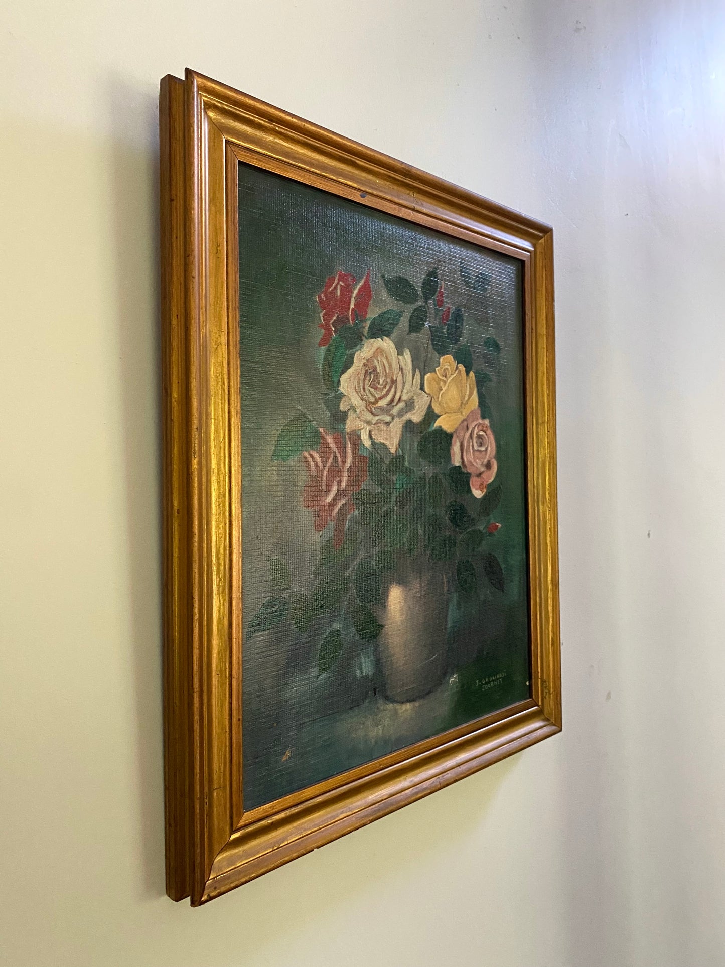 Tableau Ancien "Nature Morte aux Roses" – 1950
