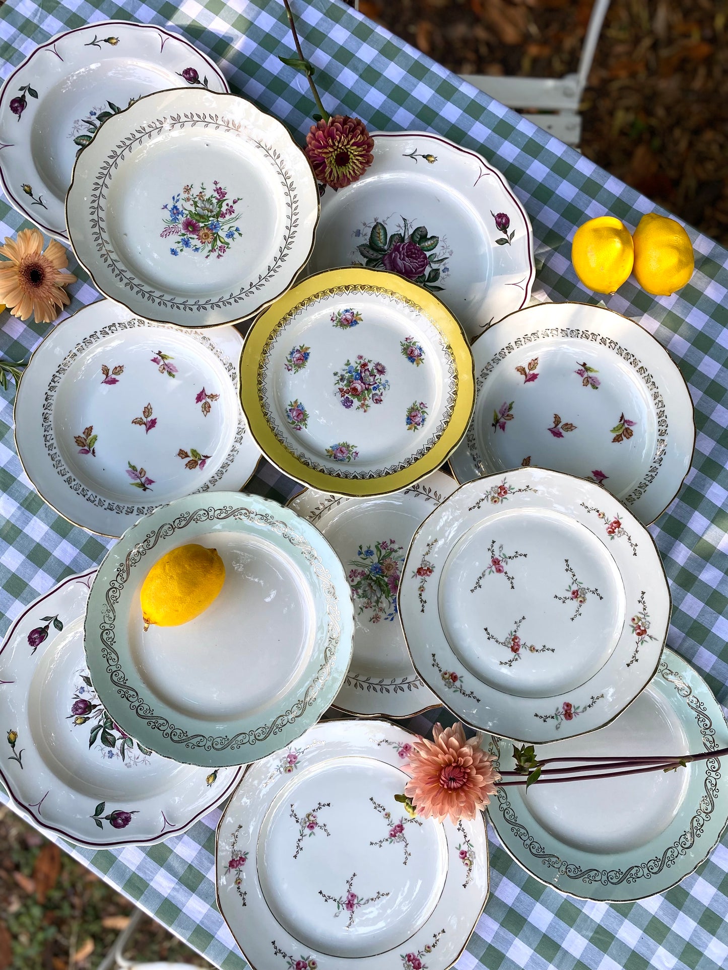 Douze assiettes anciennes en faïence et porcelaine, service dépareillé