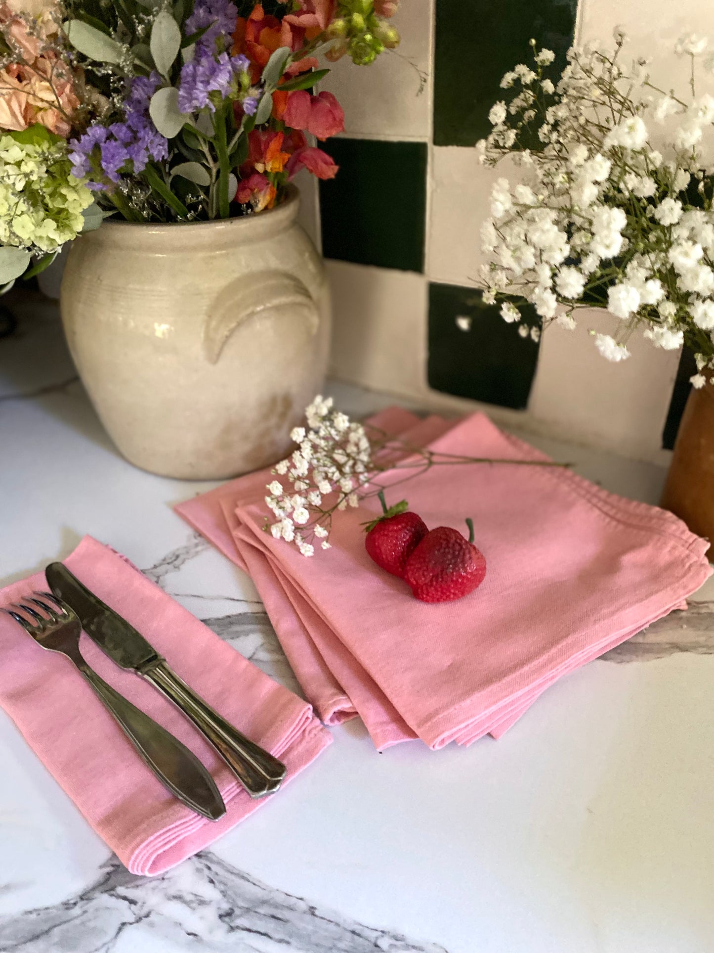 Lot de 8 Serviettes de Table "Rose Poudré" en coton ancien