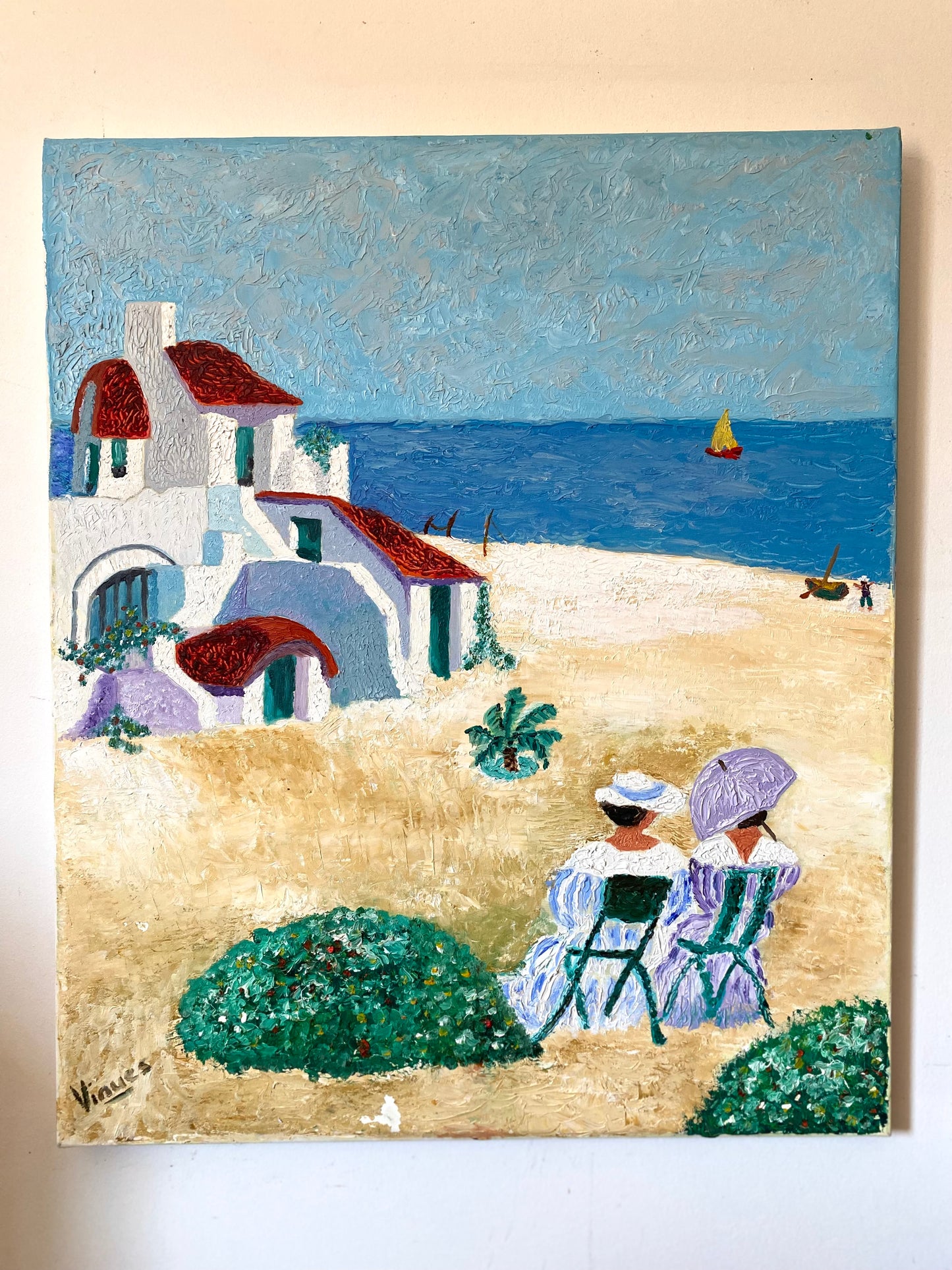 Tableau huile au couteau — Scène de bord de mer méditerranéen