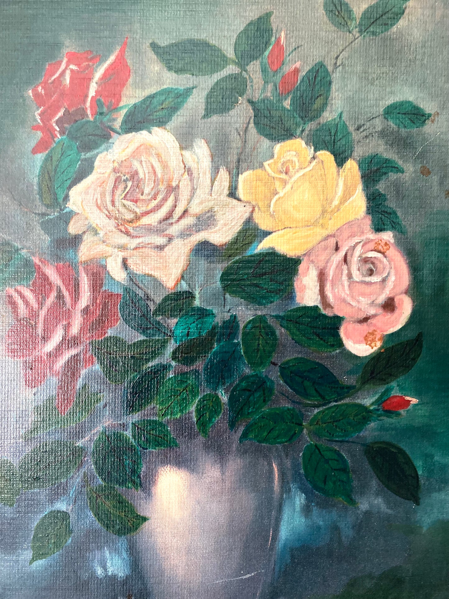 Tableau Ancien "Nature Morte aux Roses" – 1950