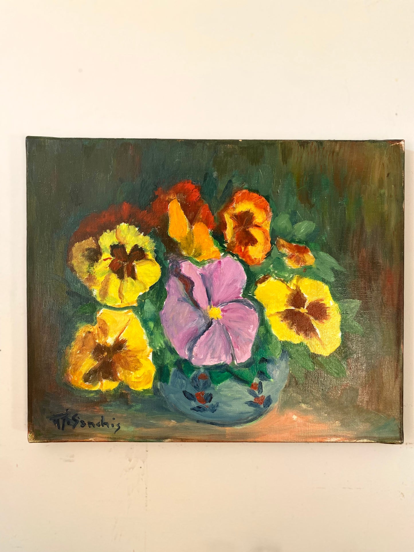 Huile sur toile vintage— Bouquet de pensées