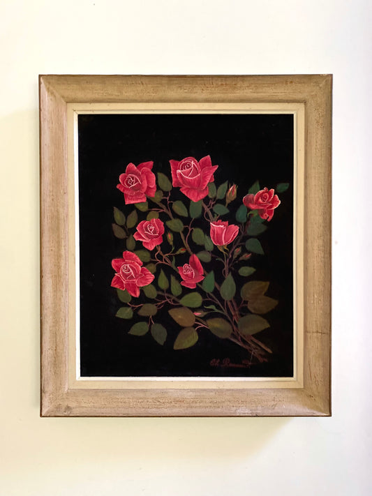 Tableau ancien - Roses sur fond noir -1950