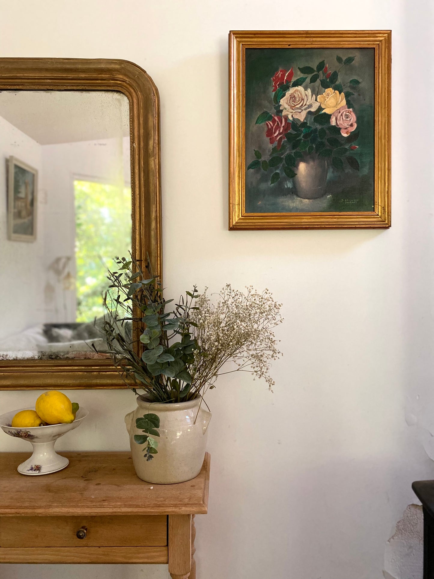 Tableau Ancien "Nature Morte aux Roses" – 1950