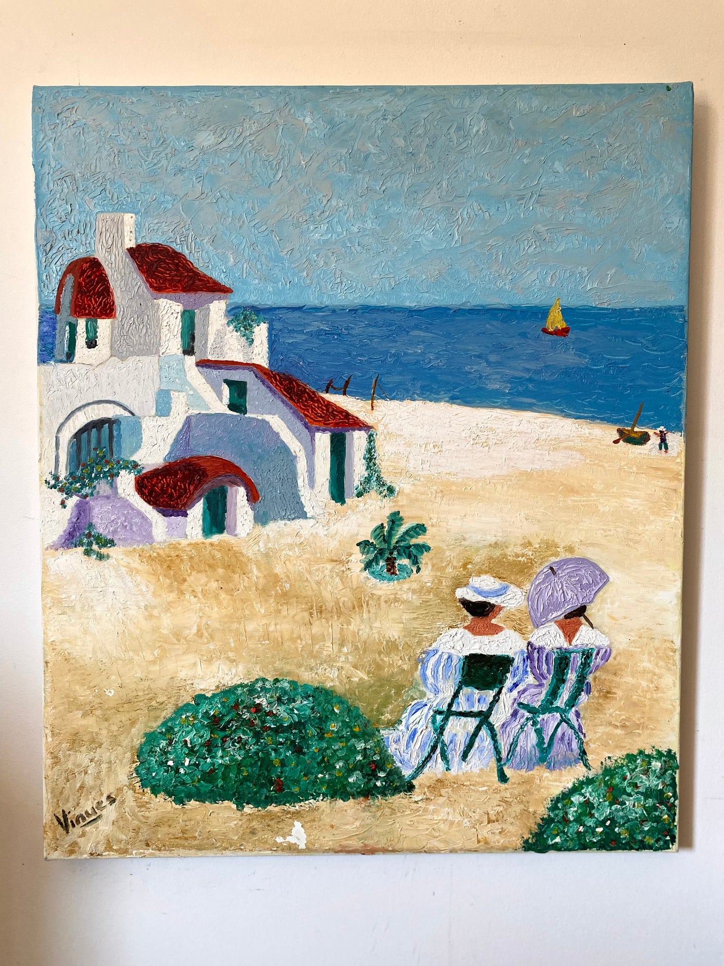 Tableau huile au couteau — Scène de bord de mer méditerranéen