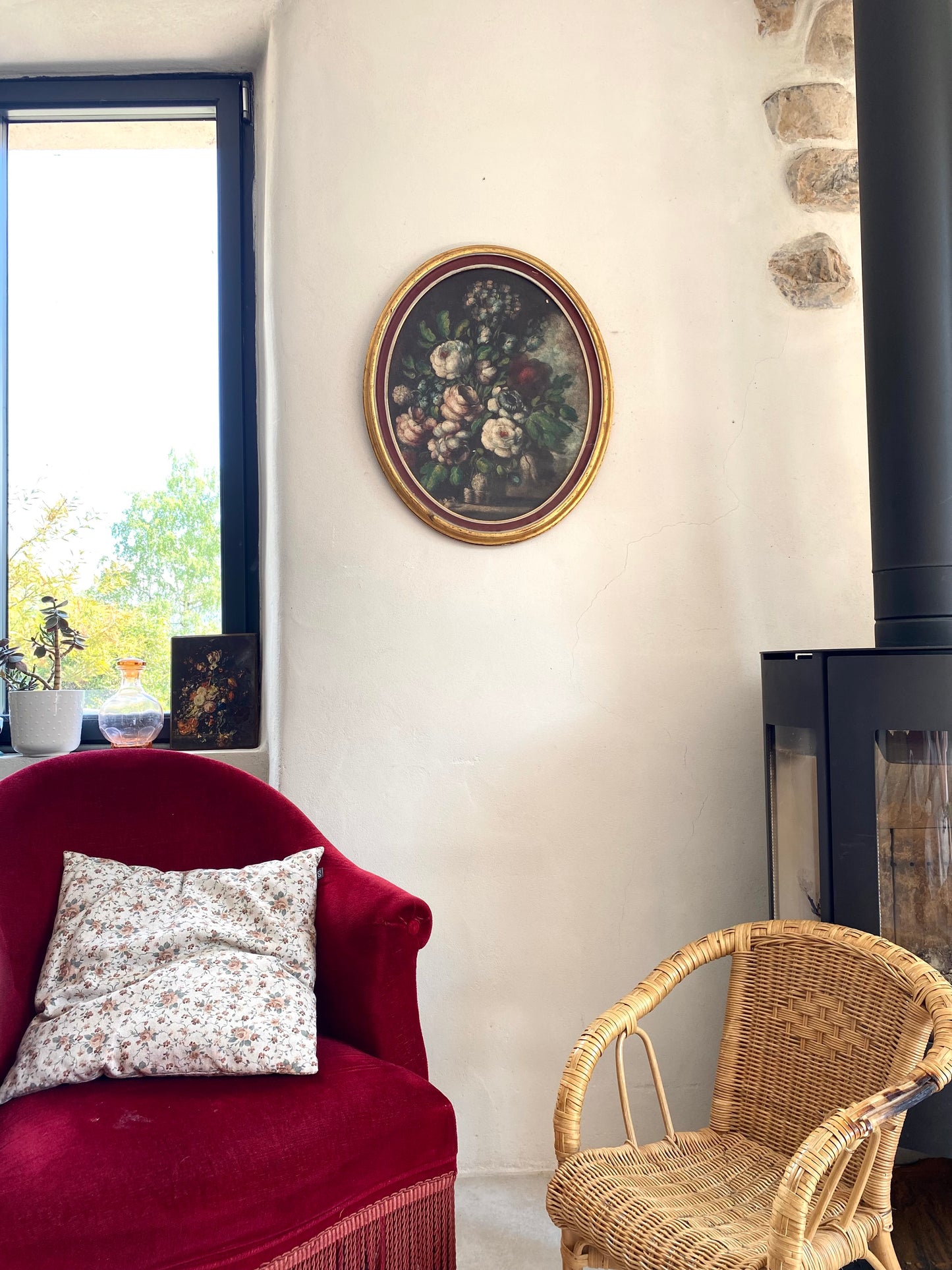 Tableau Ovale Nature Morte – Bouquet Floral – Style Flamand - XIXe