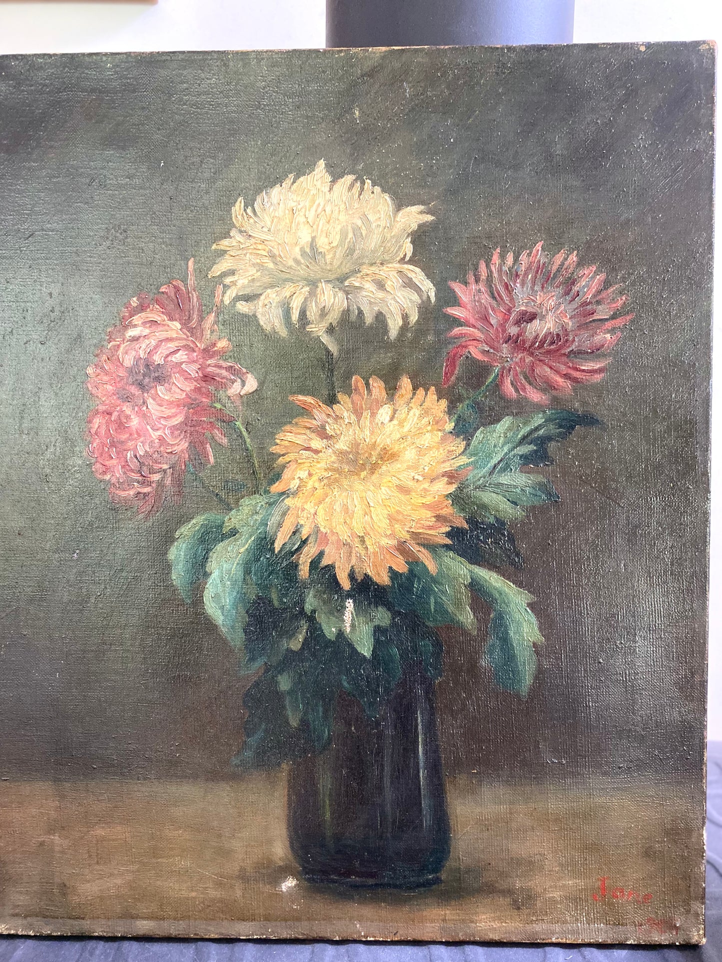 Brontie - Peinture Ancienne Huile sur Toile Fin XIXe – Nature Morte aux Chrysanthèmes