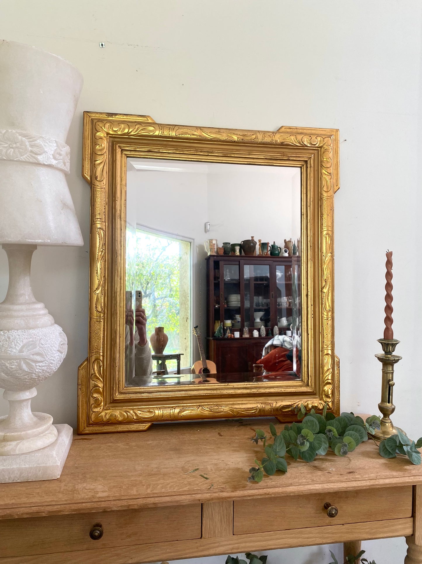 Superbe miroir ancien biseauté à "oreilles" – Style Louis-Philippe – Fin XIXe