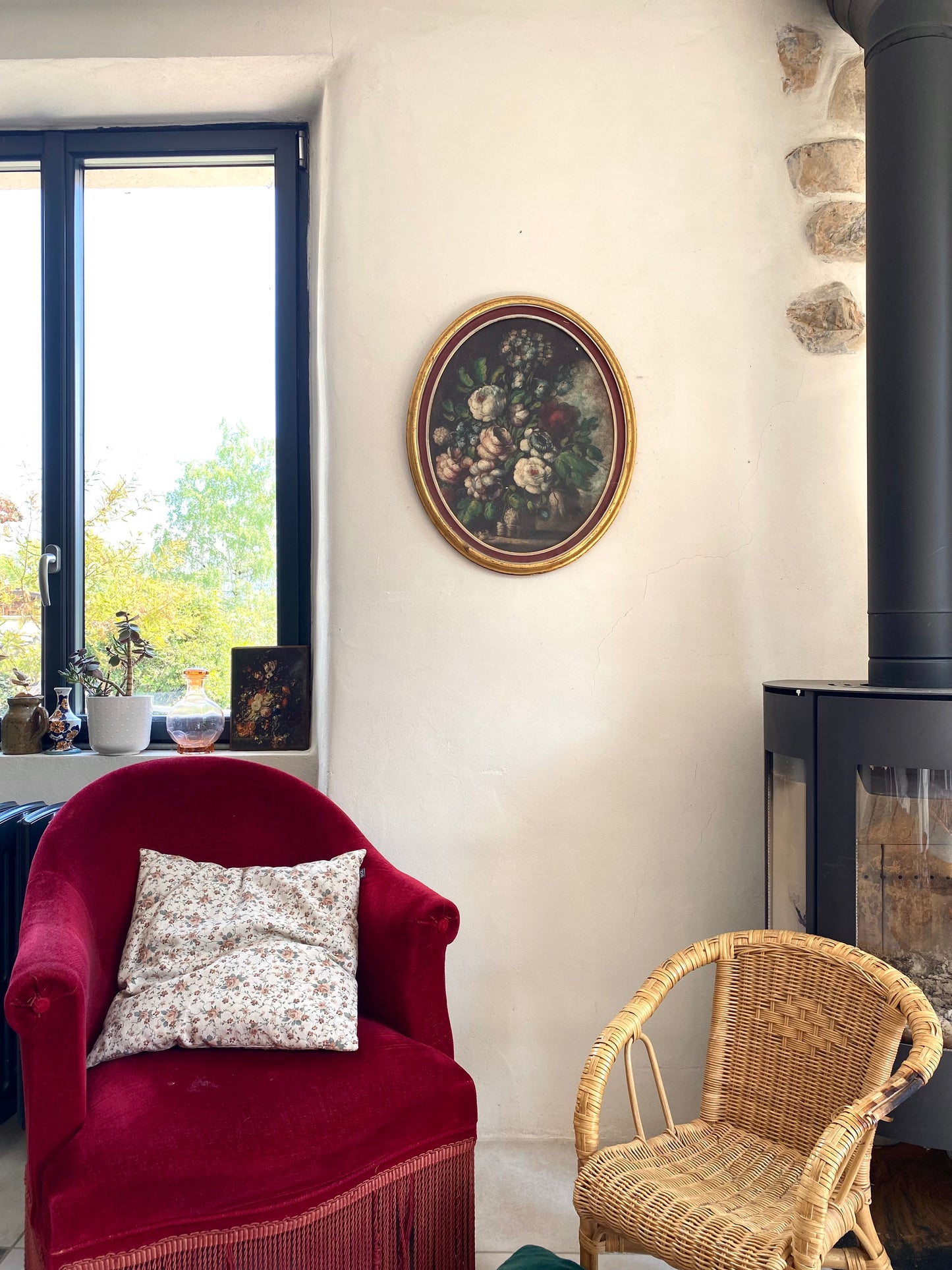 Tableau Ovale Nature Morte – Bouquet Floral – Style Flamand - XIXe