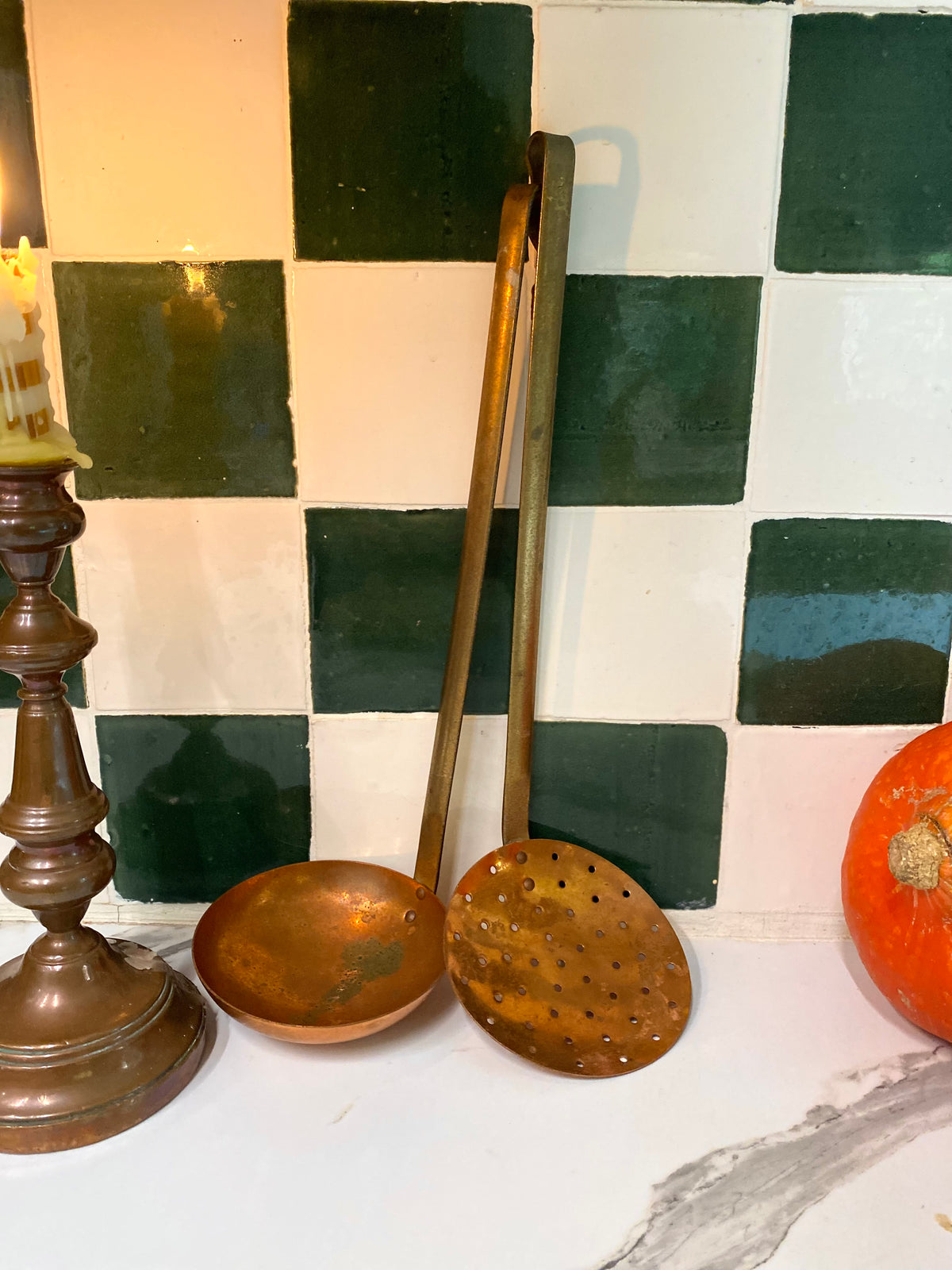 Louche et écumoire en cuivre et laiton, manche long