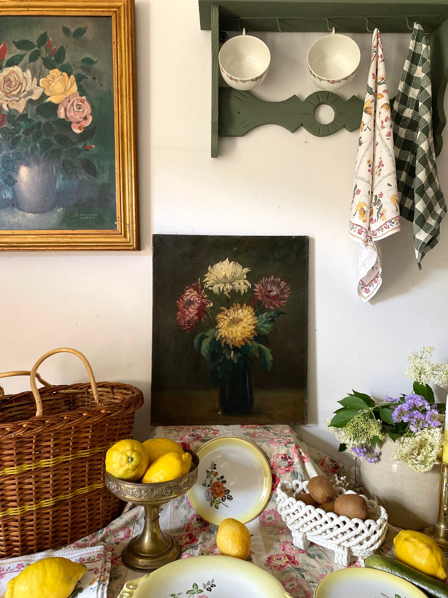 Brontie - Peinture Ancienne Huile sur Toile Fin XIXe – Nature Morte aux Chrysanthèmes