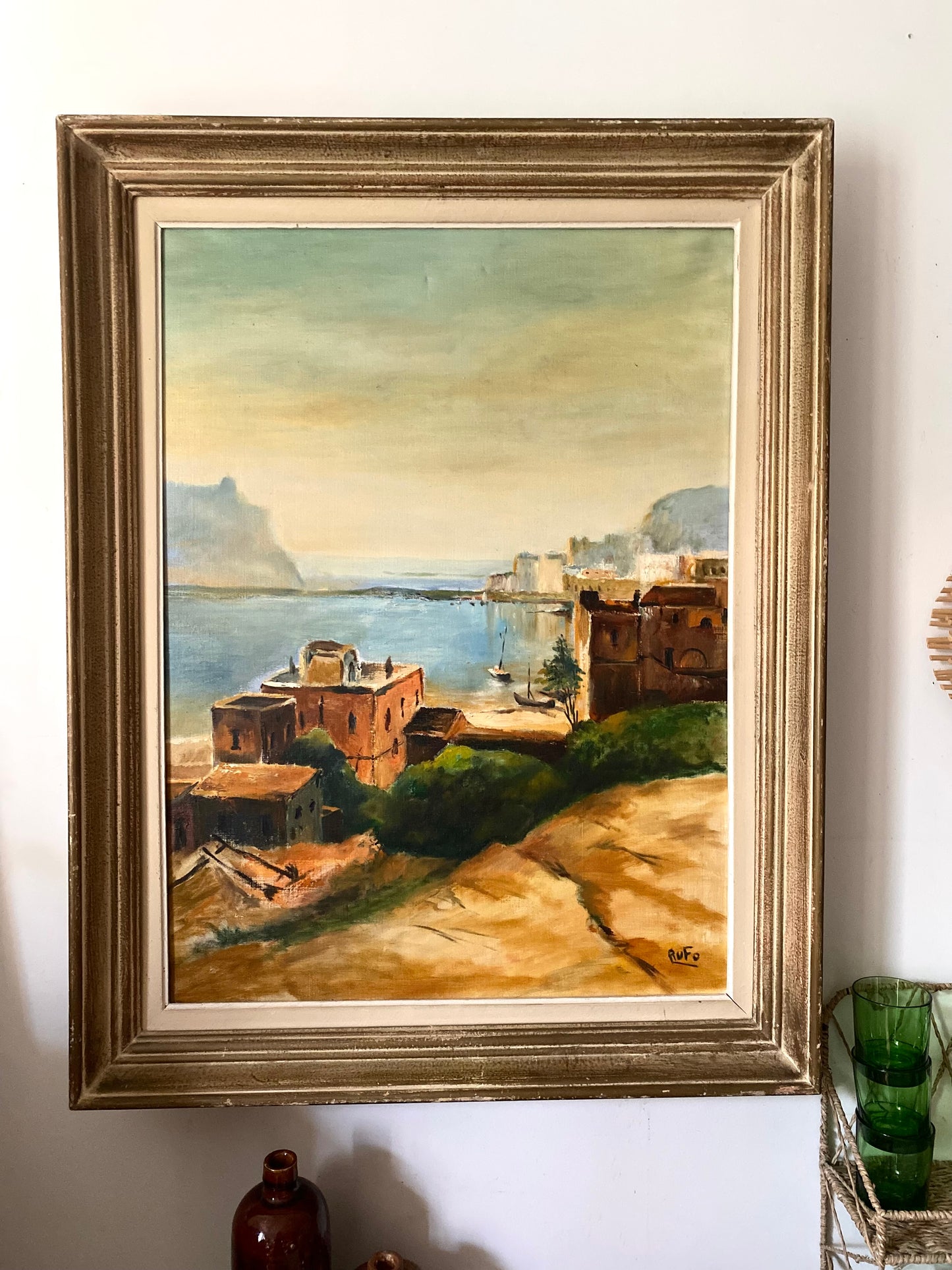 Huile sur toile ancienne, scène de port méditerranéen signée Rufo