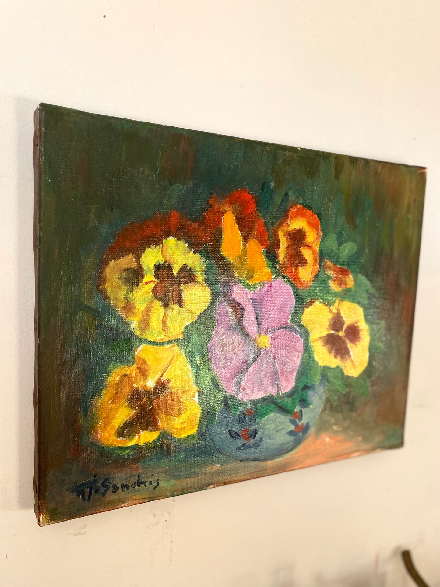 Huile sur toile vintage— Bouquet de pensées