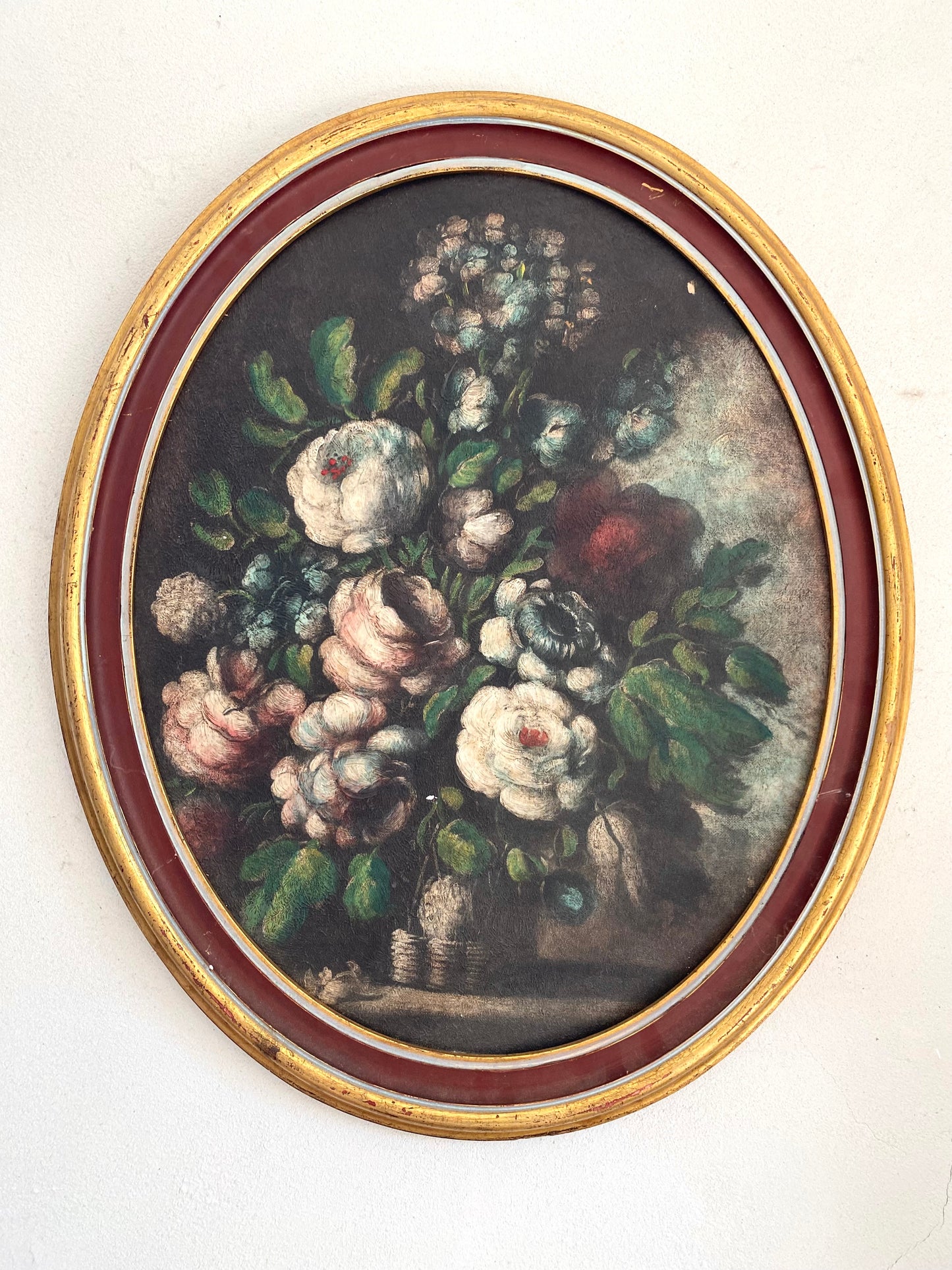 Tableau Ovale Nature Morte – Bouquet Floral – Style Flamand - XIXe