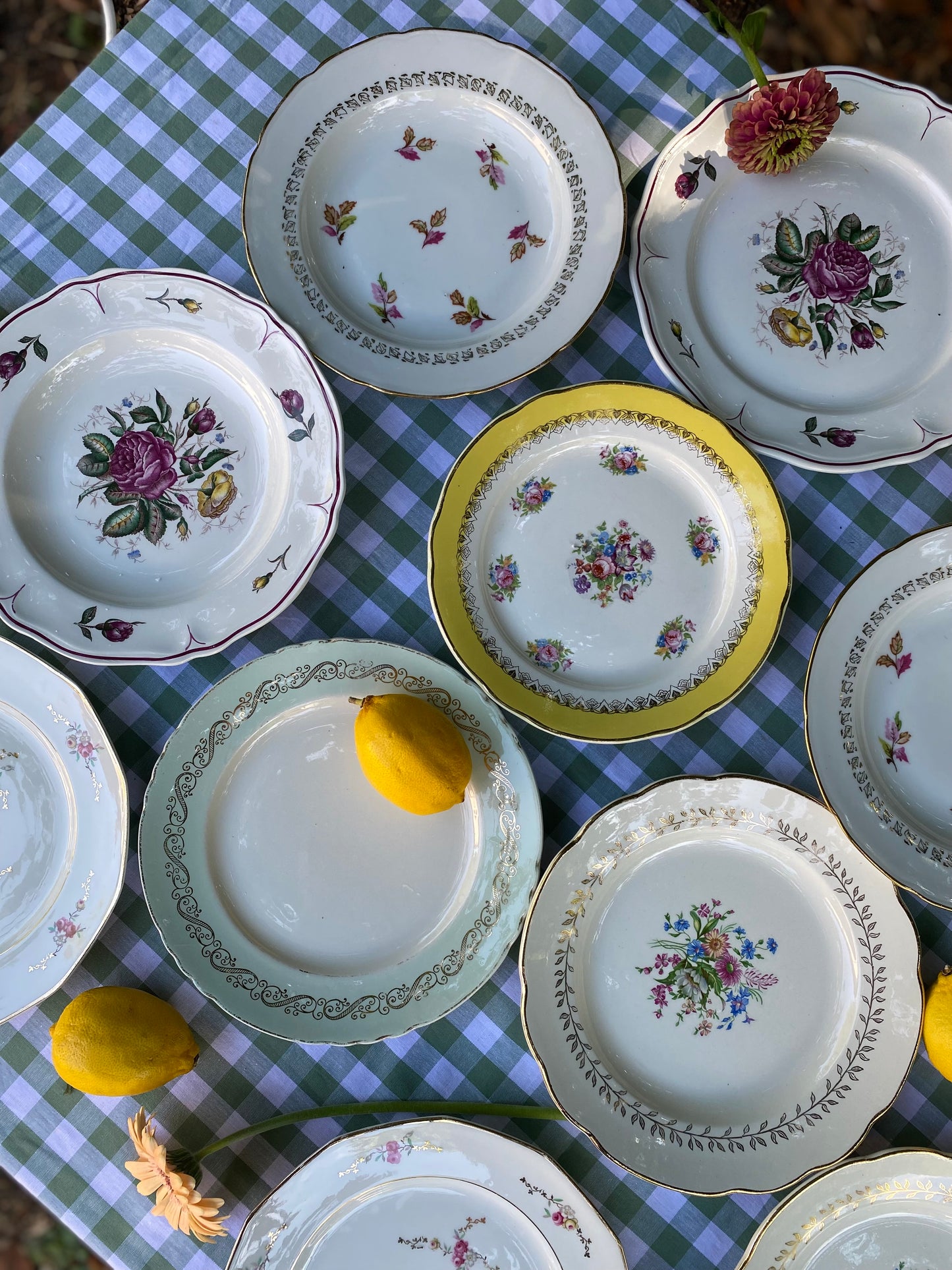 Douze assiettes anciennes en faïence et porcelaine, service dépareillé