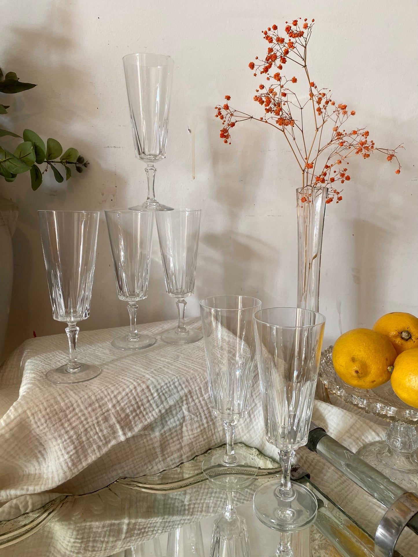 6 flûtes en cristal à pan coupé - 1950