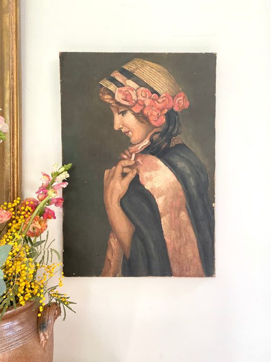 Portrait de jeune femme à la rose – Huile sur toile XIXe/XXe