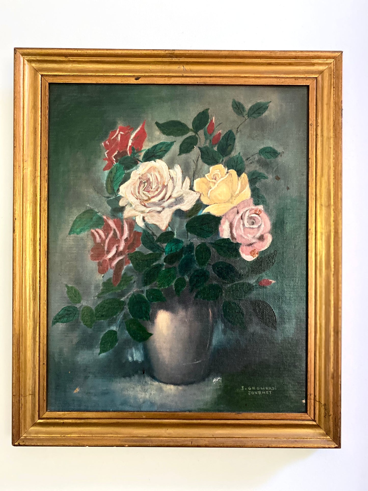 Tableau Ancien "Nature Morte aux Roses" – 1950