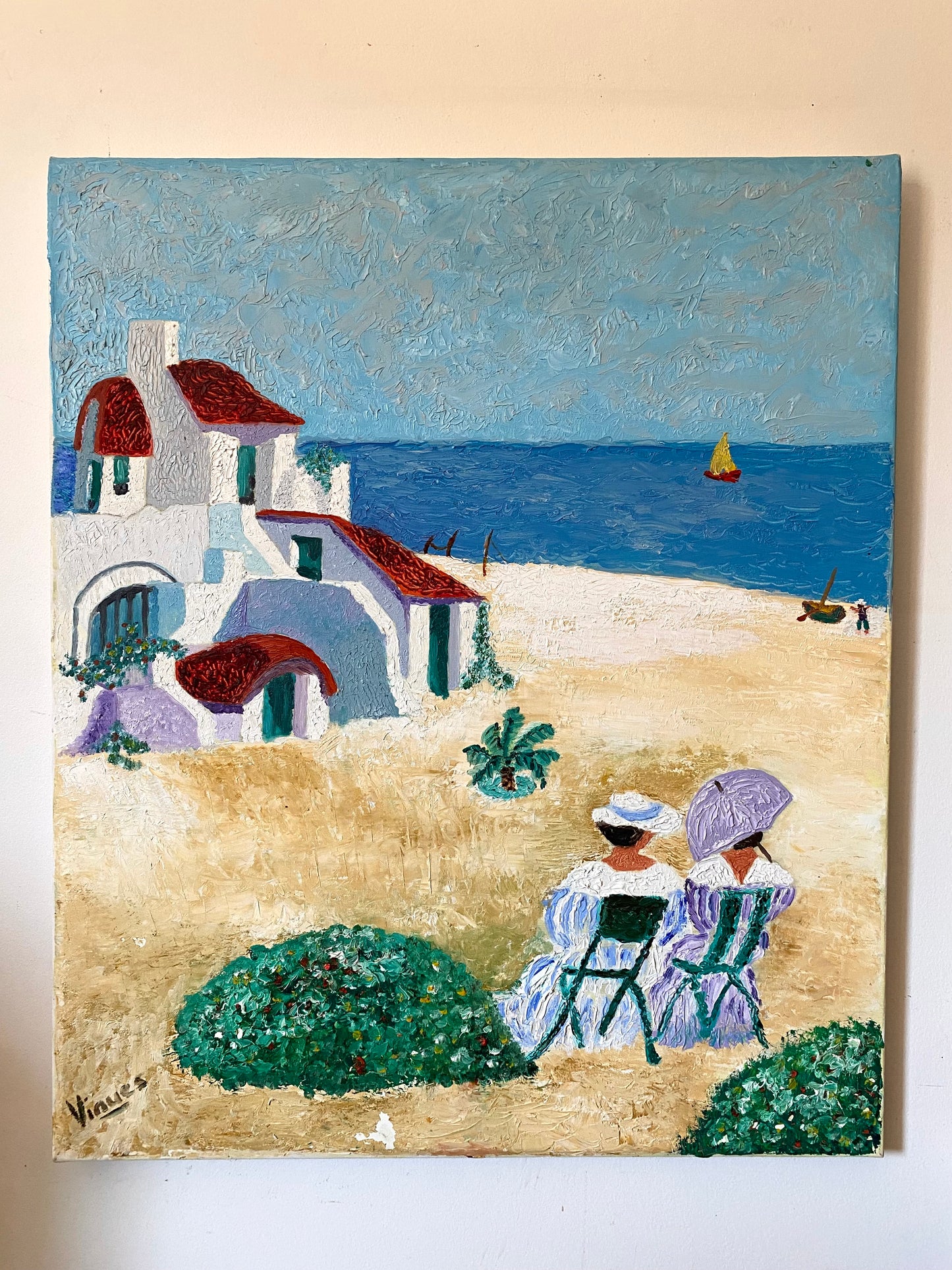 Tableau huile au couteau — Scène de bord de mer méditerranéen