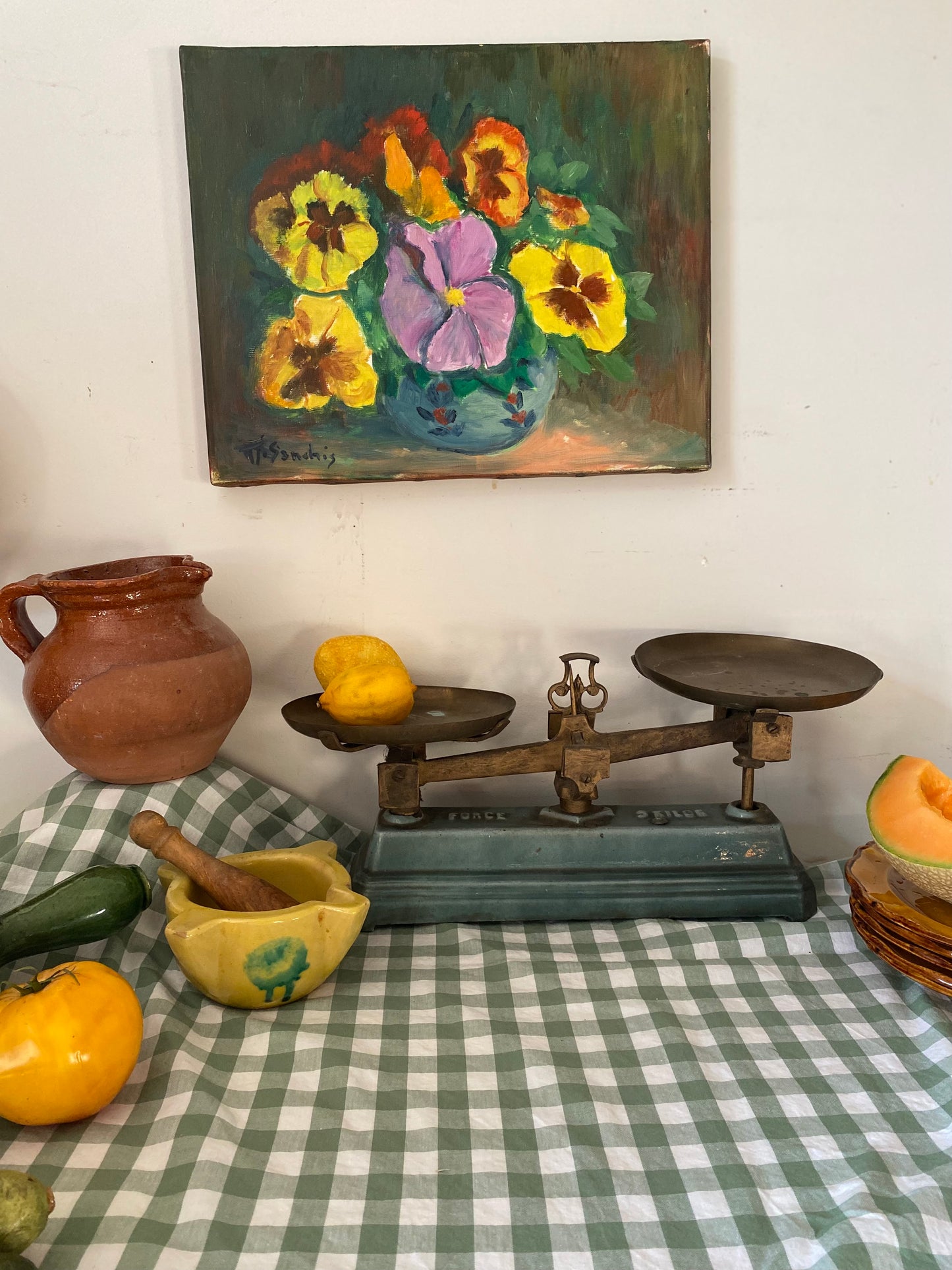 Balance de cuisine ancienne à fléau — fonte et laiton fin XIXème – début XXème siècle.