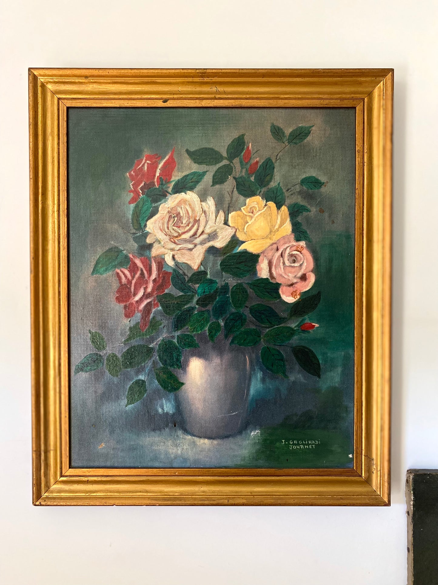 Tableau Ancien "Nature Morte aux Roses" – 1950