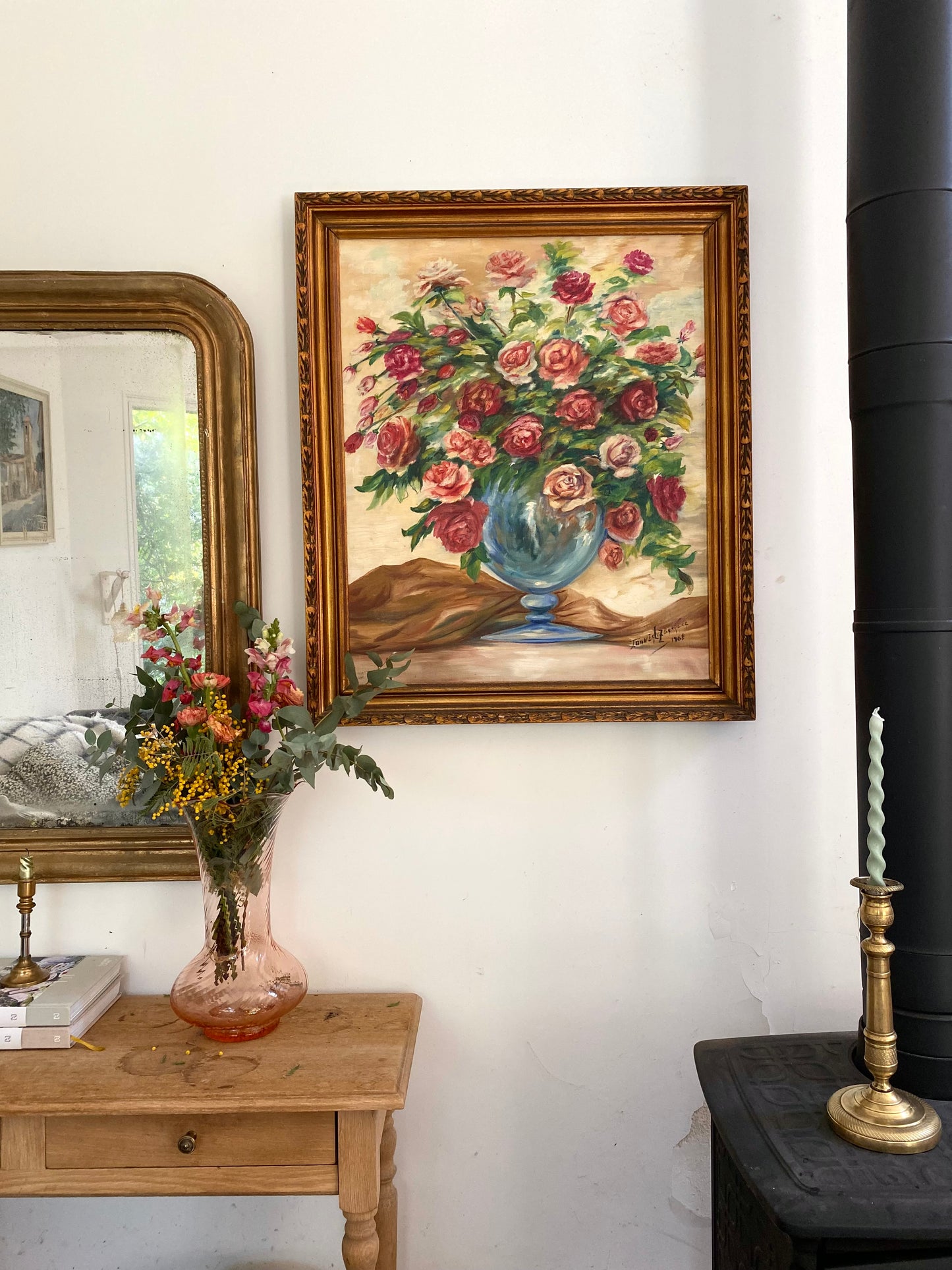 Grande Huile sur Toile "Bouquet de Roses" - Datée 1968 - Cadre Doré