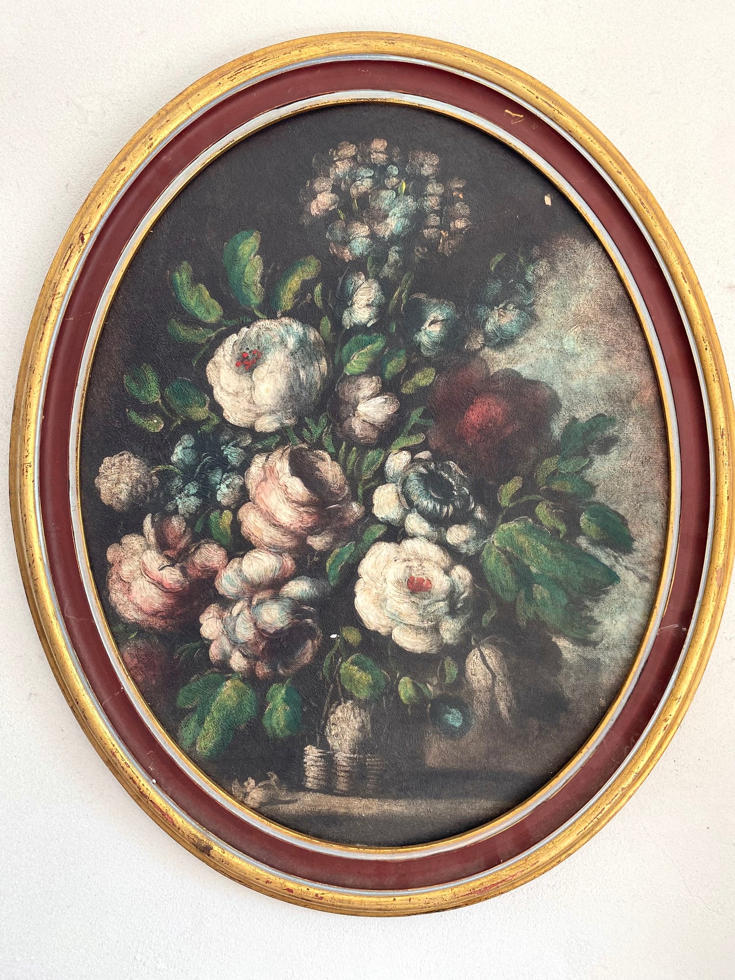 Tableau Ovale Nature Morte – Bouquet Floral – Style Flamand - XIXe