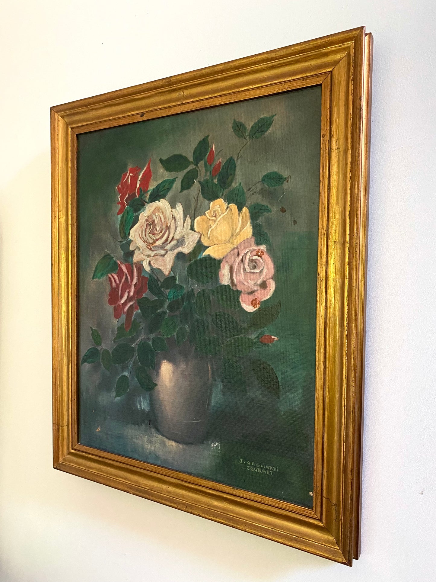 Tableau Ancien "Nature Morte aux Roses" – 1950