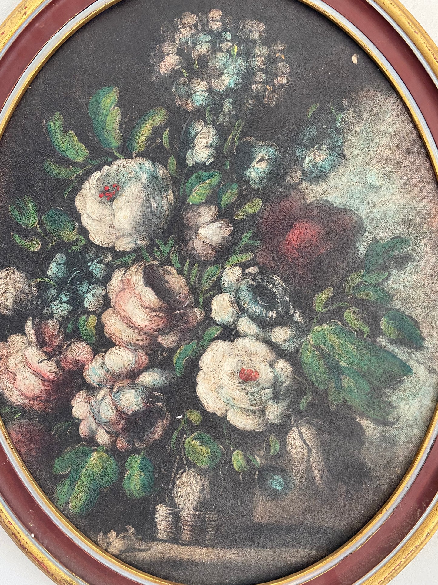 Tableau Ovale Nature Morte – Bouquet Floral – Style Flamand - XIXe