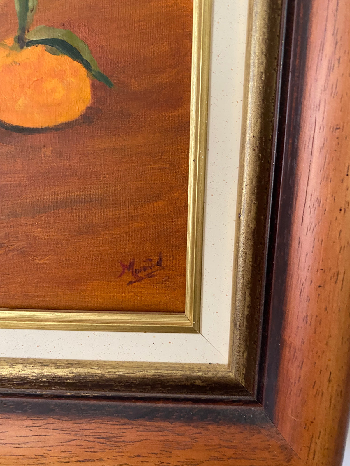 Tableau nature morte aux mandarines et faïence bleue, huile sur toile encadrée