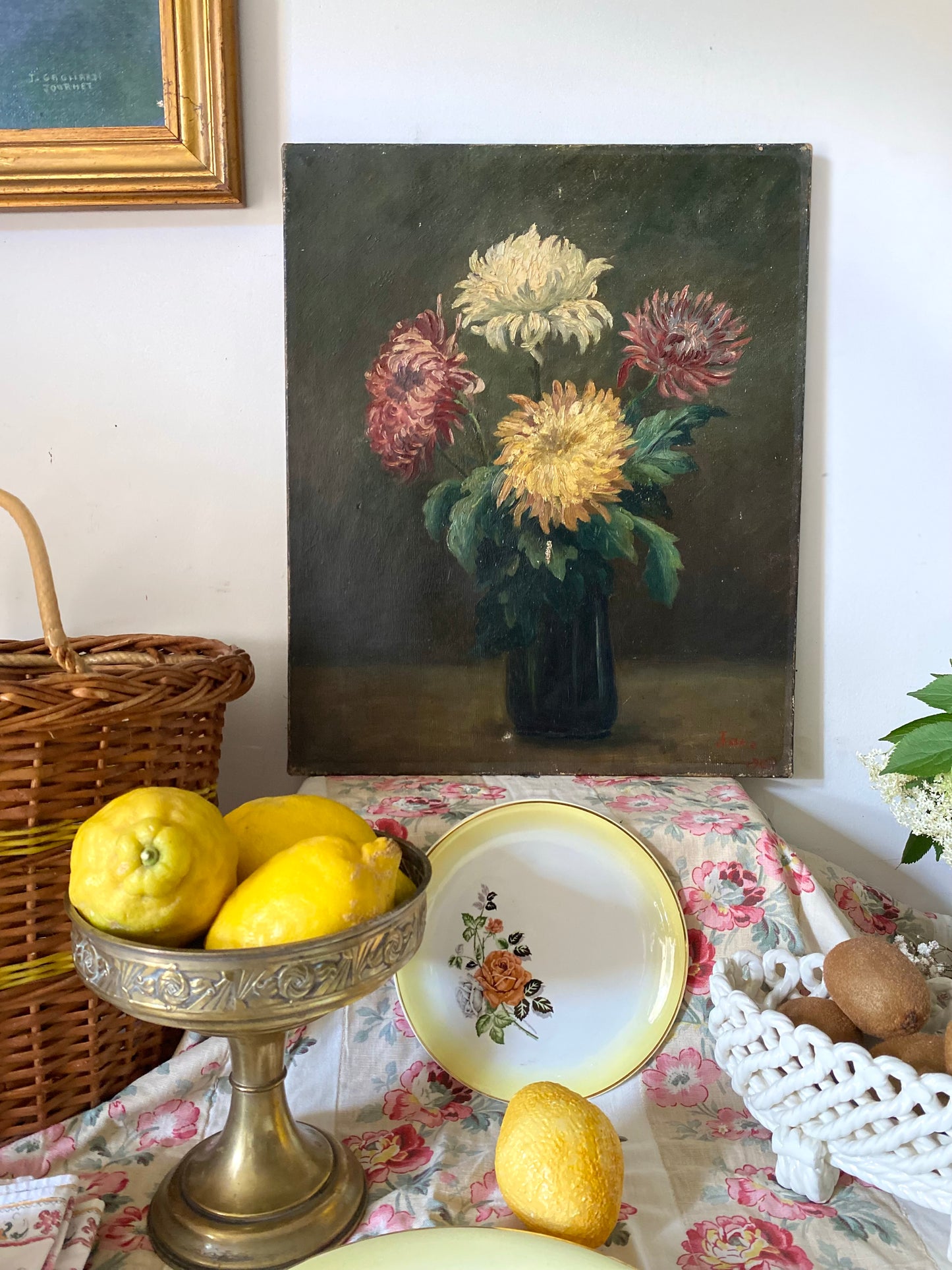 Brontie - Peinture Ancienne Huile sur Toile Fin XIXe – Nature Morte aux Chrysanthèmes