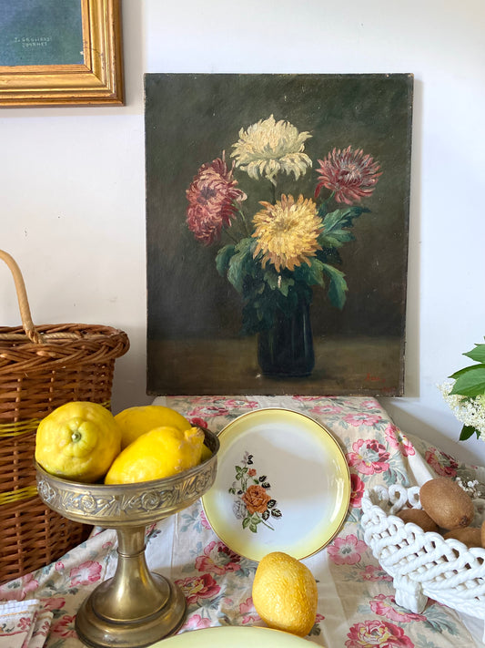 Peinture Ancienne Huile sur Toile Fin XIXe – Nature Morte aux Chrysanthèmes
