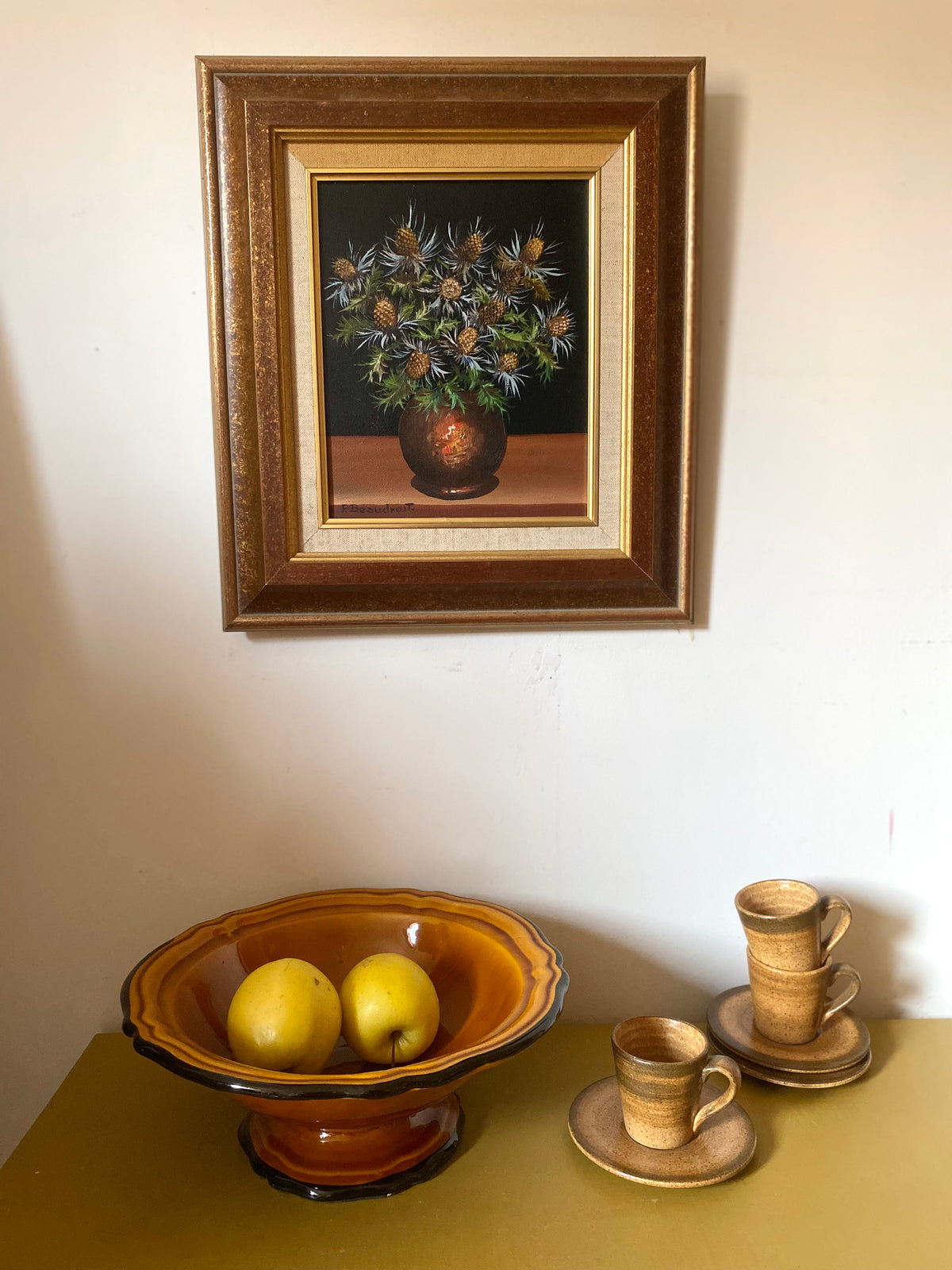 Nature morte aux chardons, huile sur toile signée P. Beaudroit, 1992