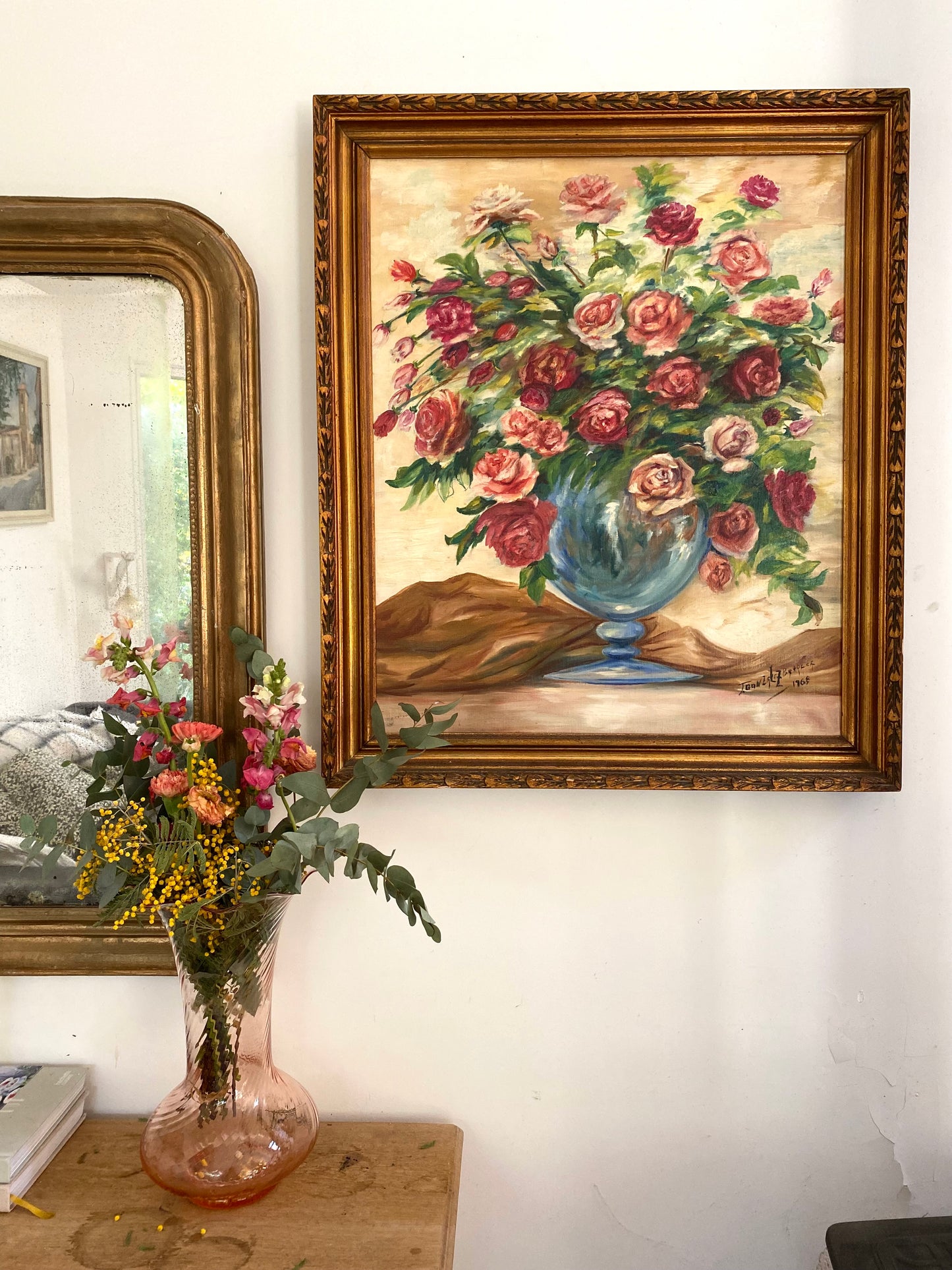Grande Huile sur Toile "Bouquet de Roses" - Datée 1968 - Cadre Doré