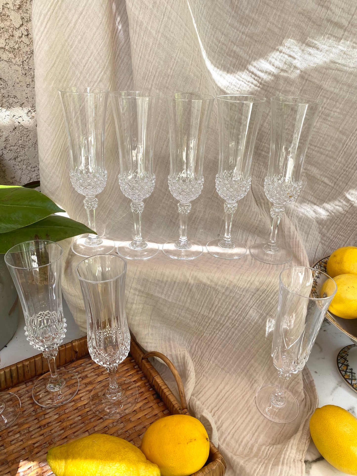 10 flûtes à champagne en cristal, pointes de diamant