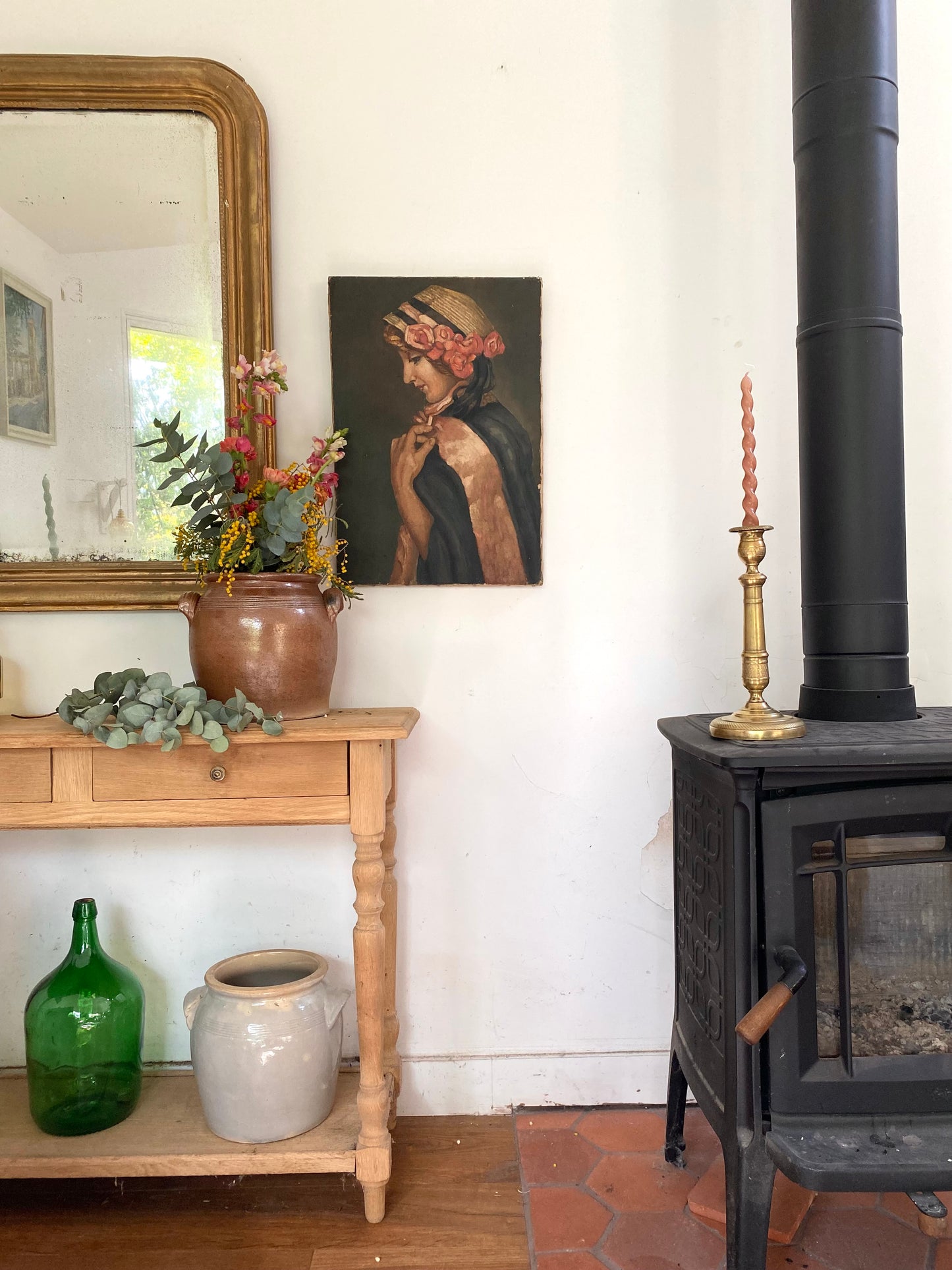 Portrait de jeune femme à la rose – Huile sur toile XIXe/XXe