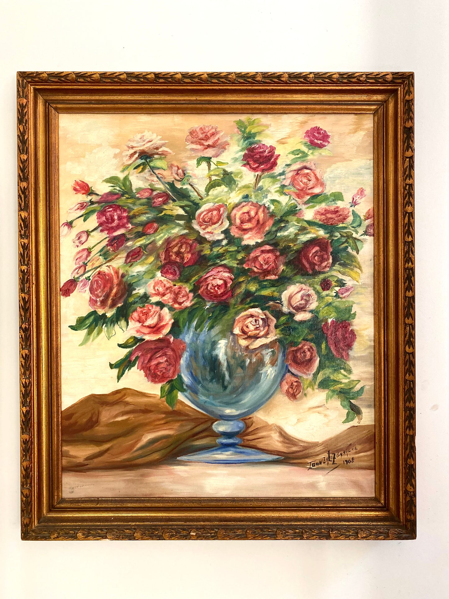 Grande Huile sur Toile "Bouquet de Roses" - Datée 1968 - Cadre Doré