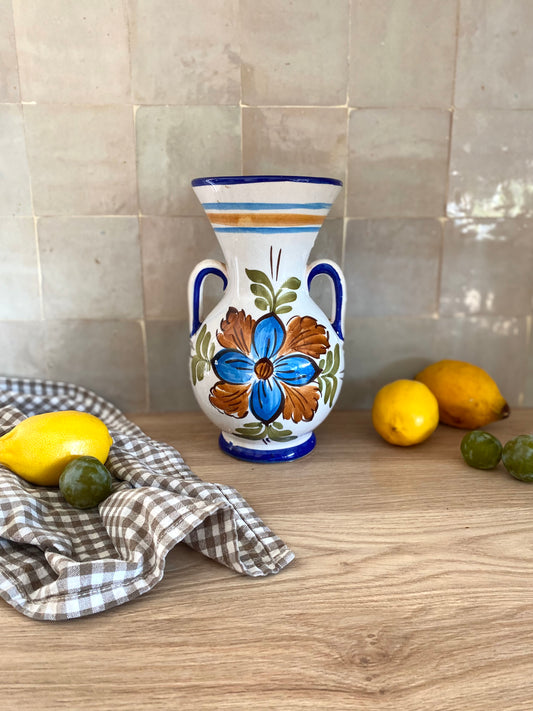 Vase en céramique à deux anses, décor floral peint main, style espagnol vintage
